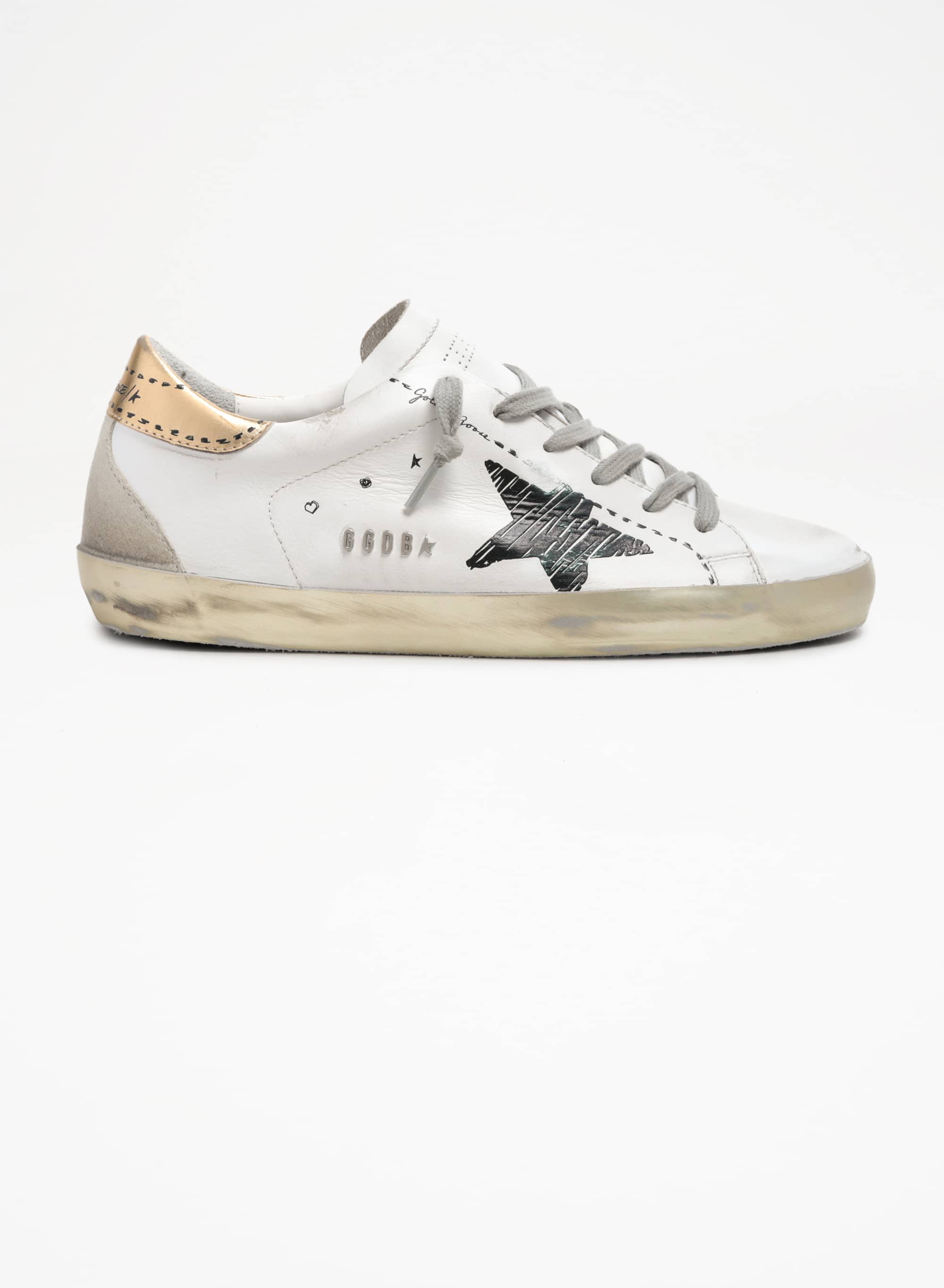 Women | Super-Star Sneakers White Leather with Black Sketched Star & Gold Leather Heel Tab | White x Black x Gold x Ice - Image 4