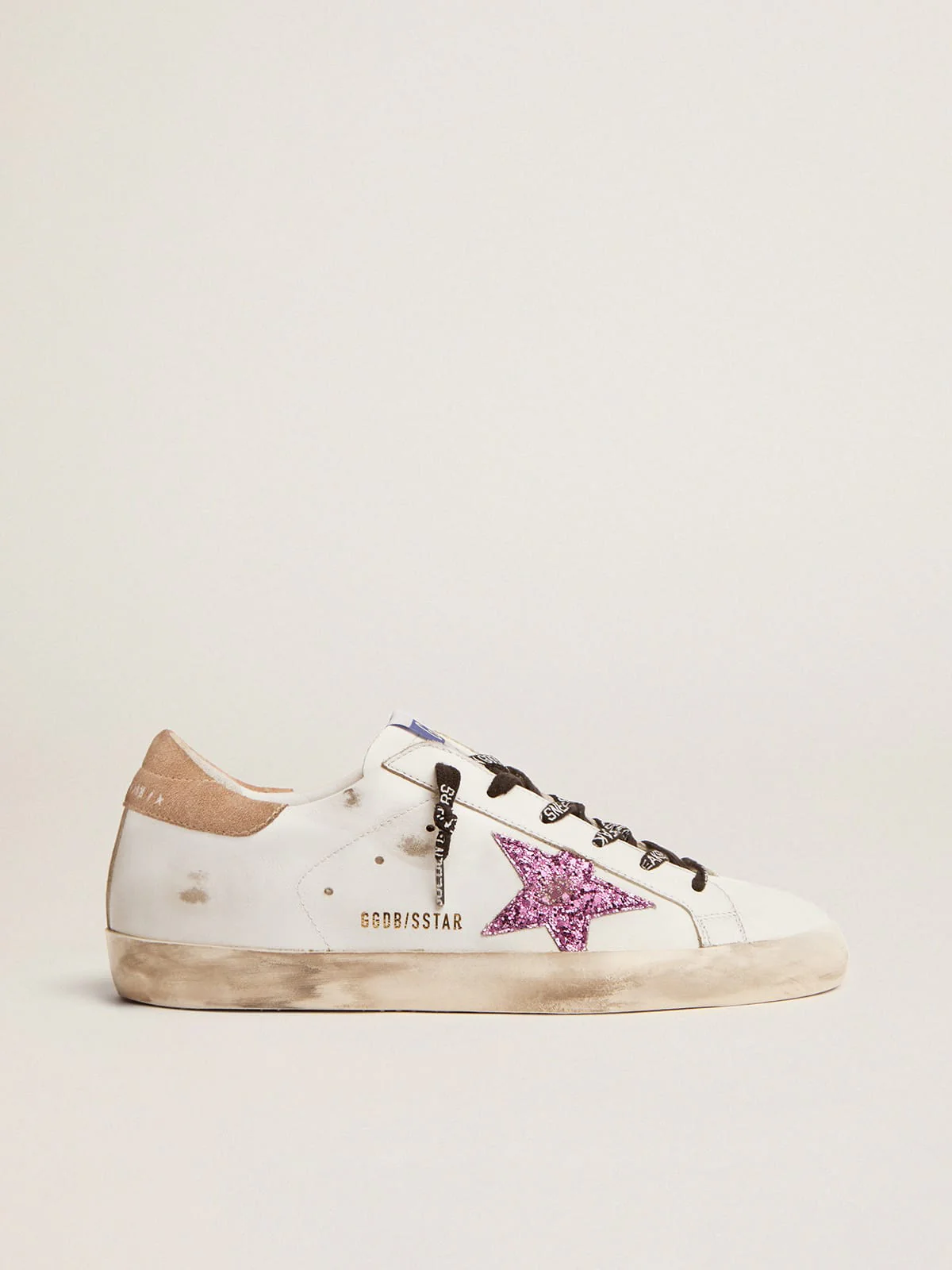 Women | Super-Star Sneakers White Leather with Lavender-Colored Glitter Star | White x Lavander x Beige