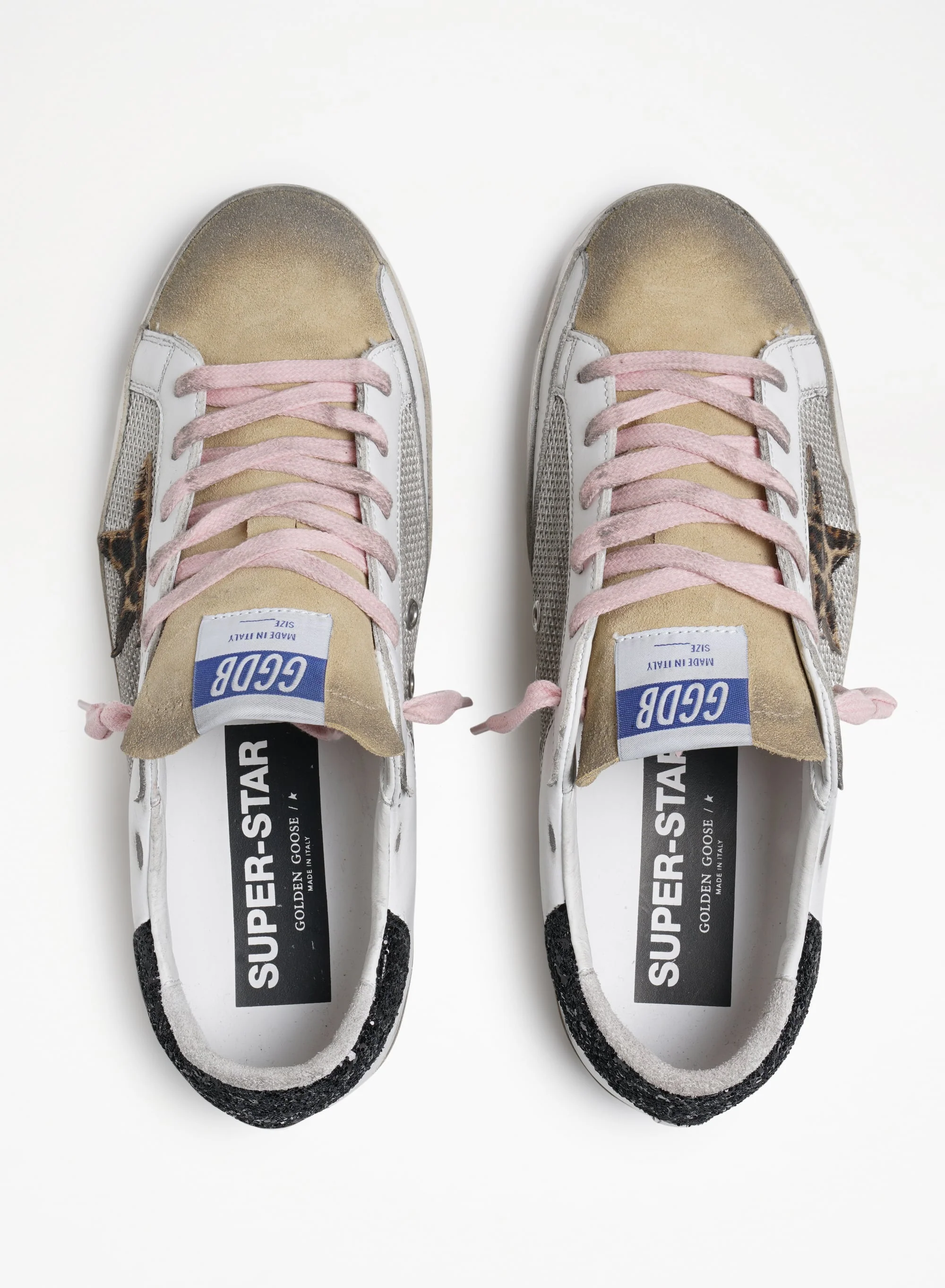 Women | Super-Star Sneakers White Leather with Leopard Pony Skin Star & Black Glitter Heel Tab | Silver x White x Cappuccino x Beige Brown Leo x Black