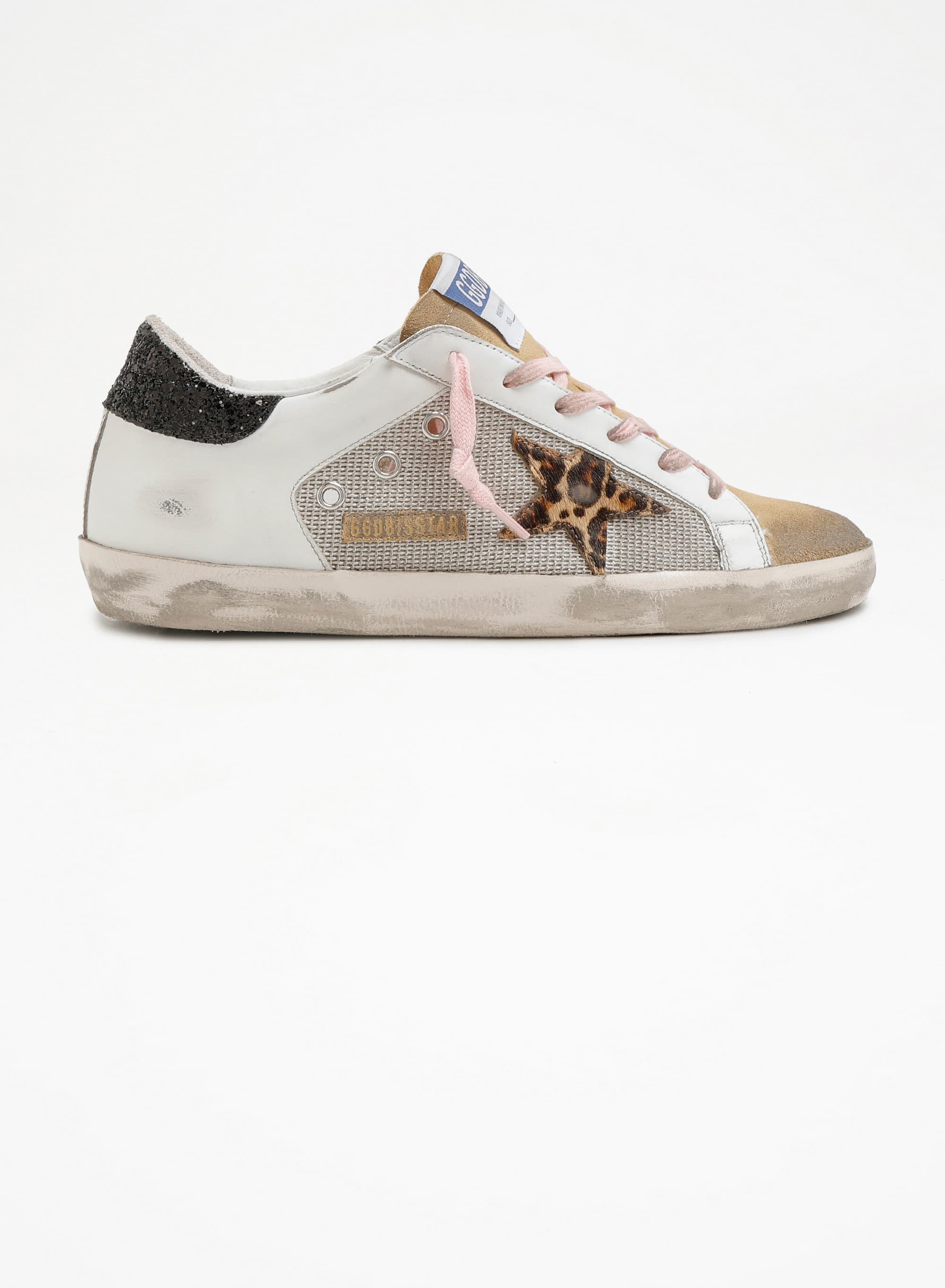 Women | Super-Star Sneakers White Leather with Leopard Pony Skin Star & Black Glitter Heel Tab | Silver x White x Cappuccino x Beige Brown Leo x Black - Image 2