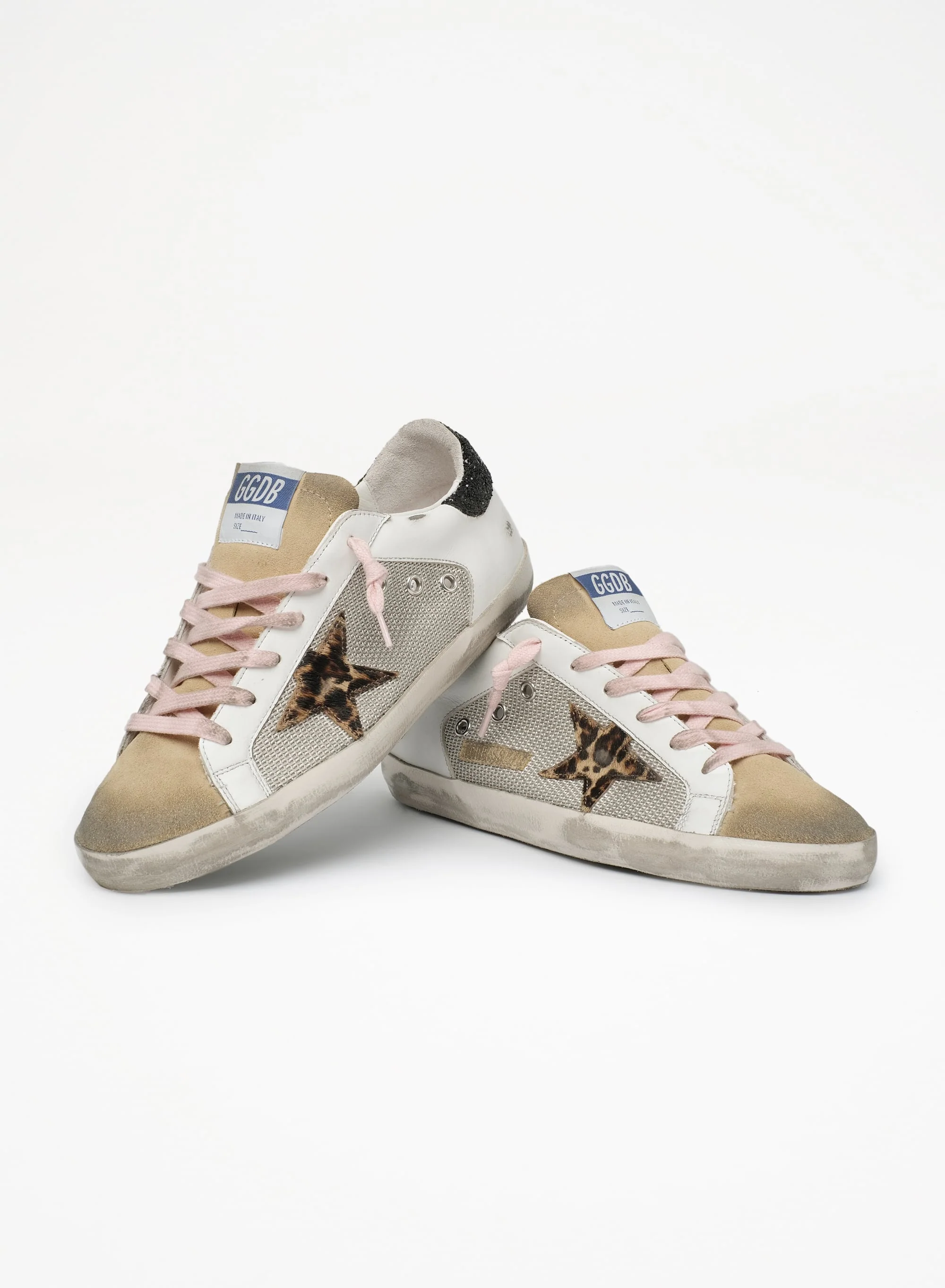 Women | Super-Star Sneakers White Leather with Leopard Pony Skin Star & Black Glitter Heel Tab | Silver x White x Cappuccino x Beige Brown Leo x Black - Image 8