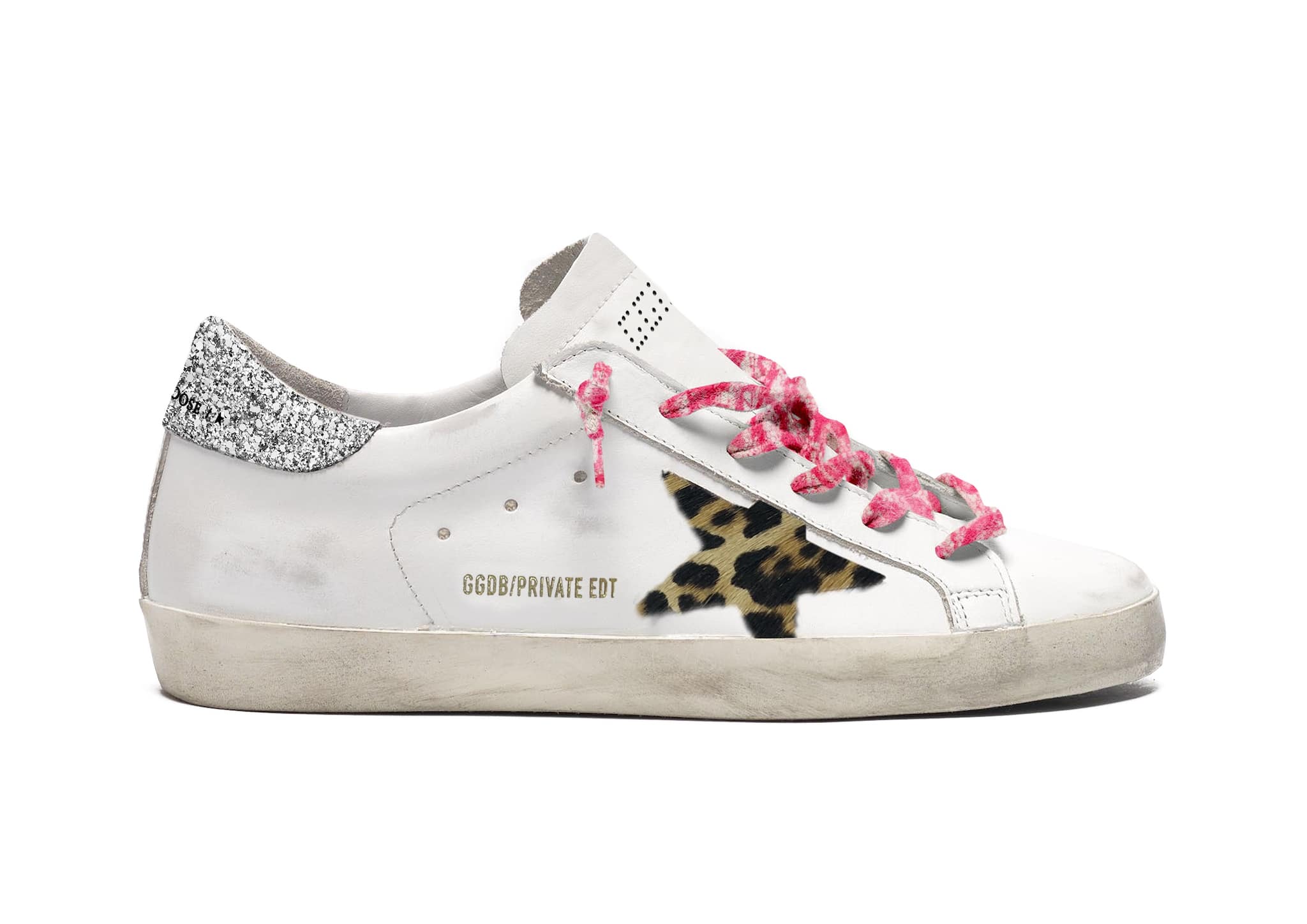 Women | Super-Star Sneakers White Leather with Leopard Pony Skin Star & Glitter Heel | White x Beige Brown Leo x Silver