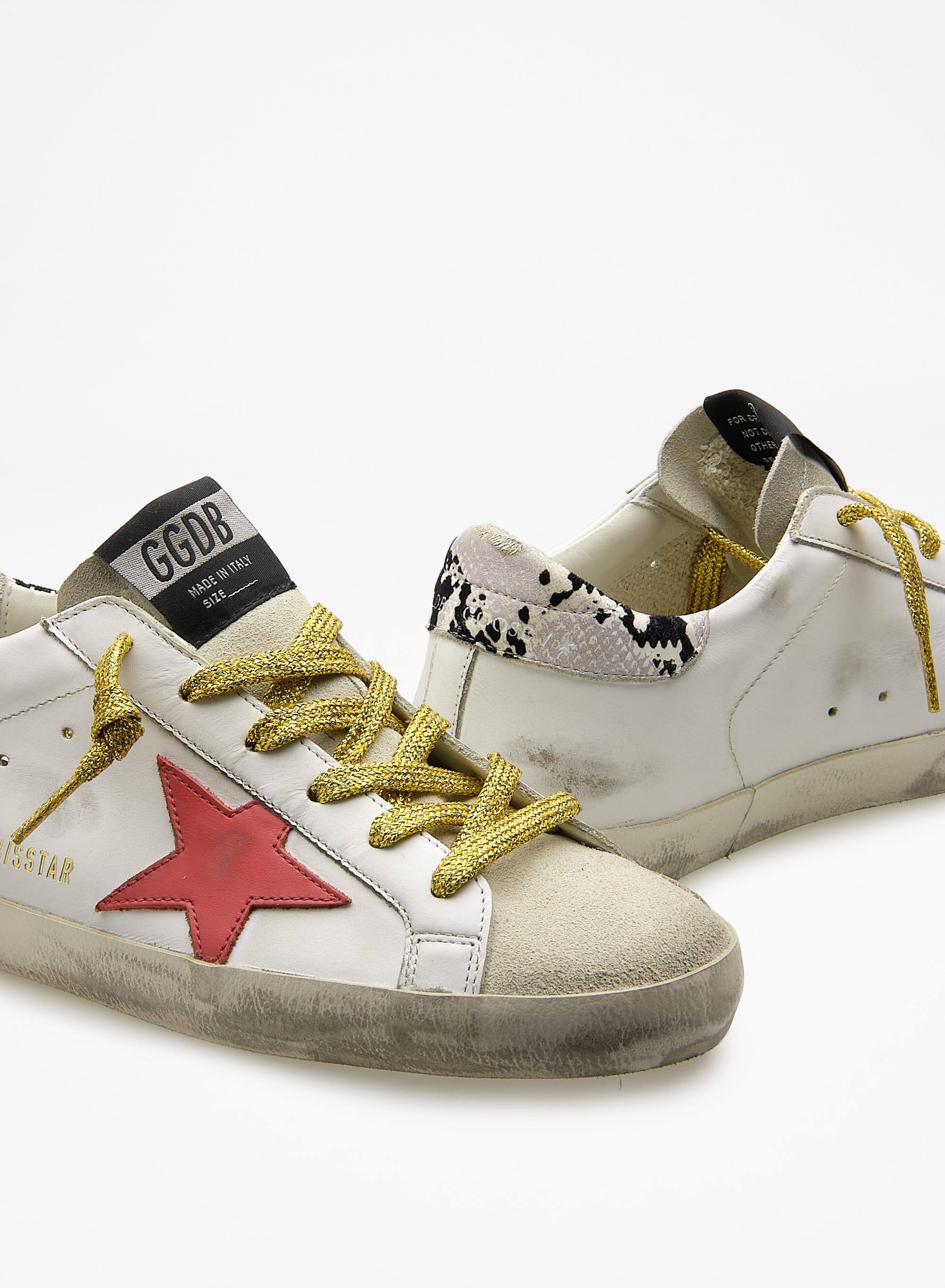 Women | Super-Star Sneakers White Leather with Pink Star & Snake Print Heel Tab | Ice x White x Red x Rock Snake