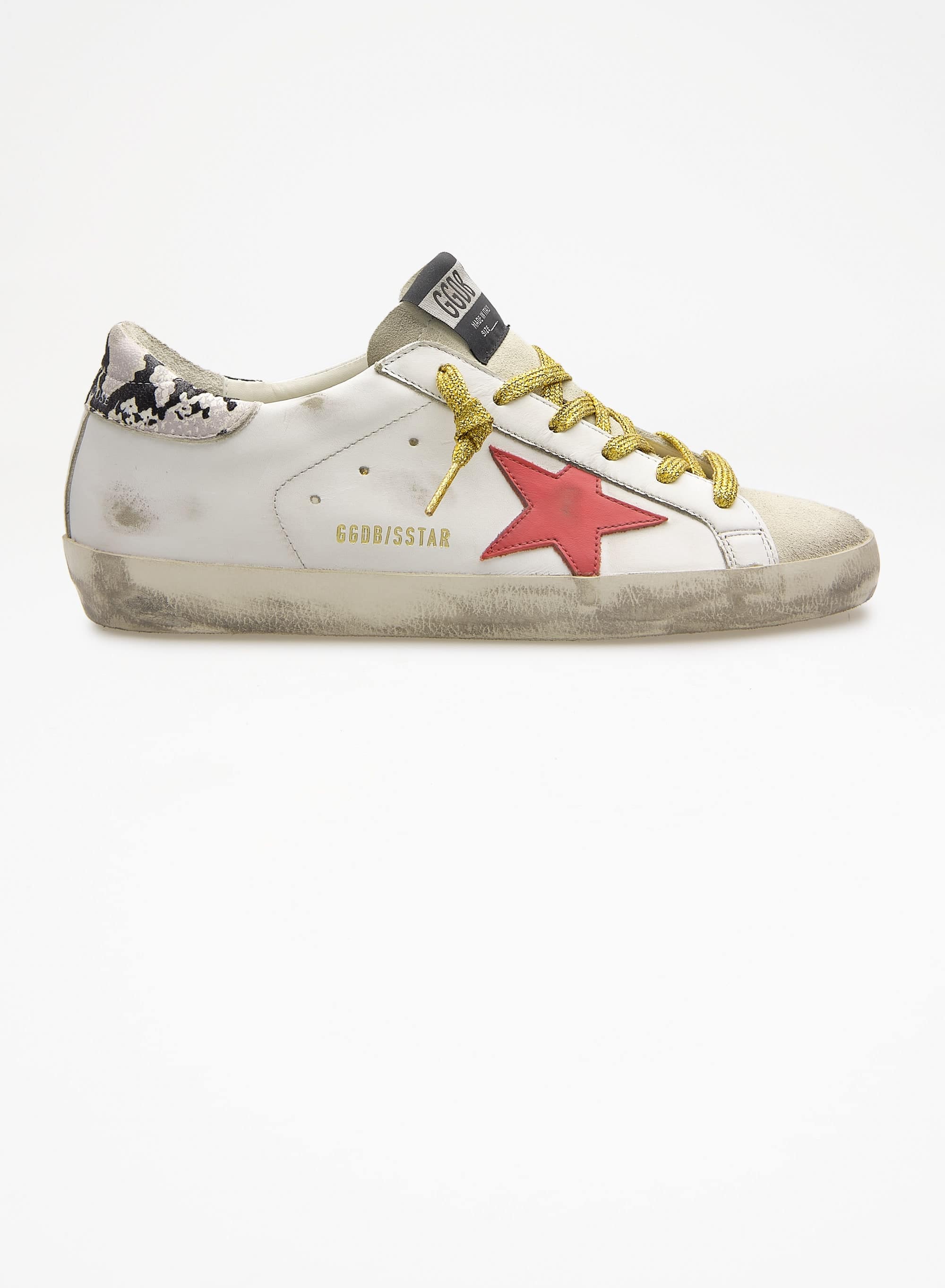 Women | Super-Star Sneakers White Leather with Pink Star & Snake Print Heel Tab | Ice x White x Red x Rock Snake - Image 2