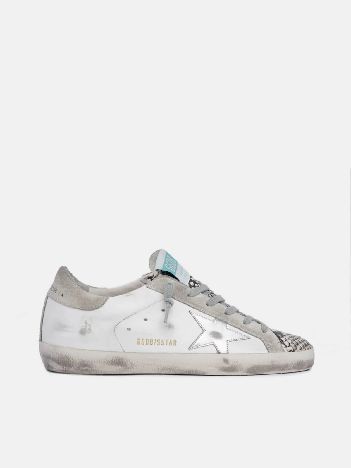 Women | Super-Star Sneakers White Leather with Silver Leather Star & Beige Suede Heel Tab & Snake Print Insert - Image 2