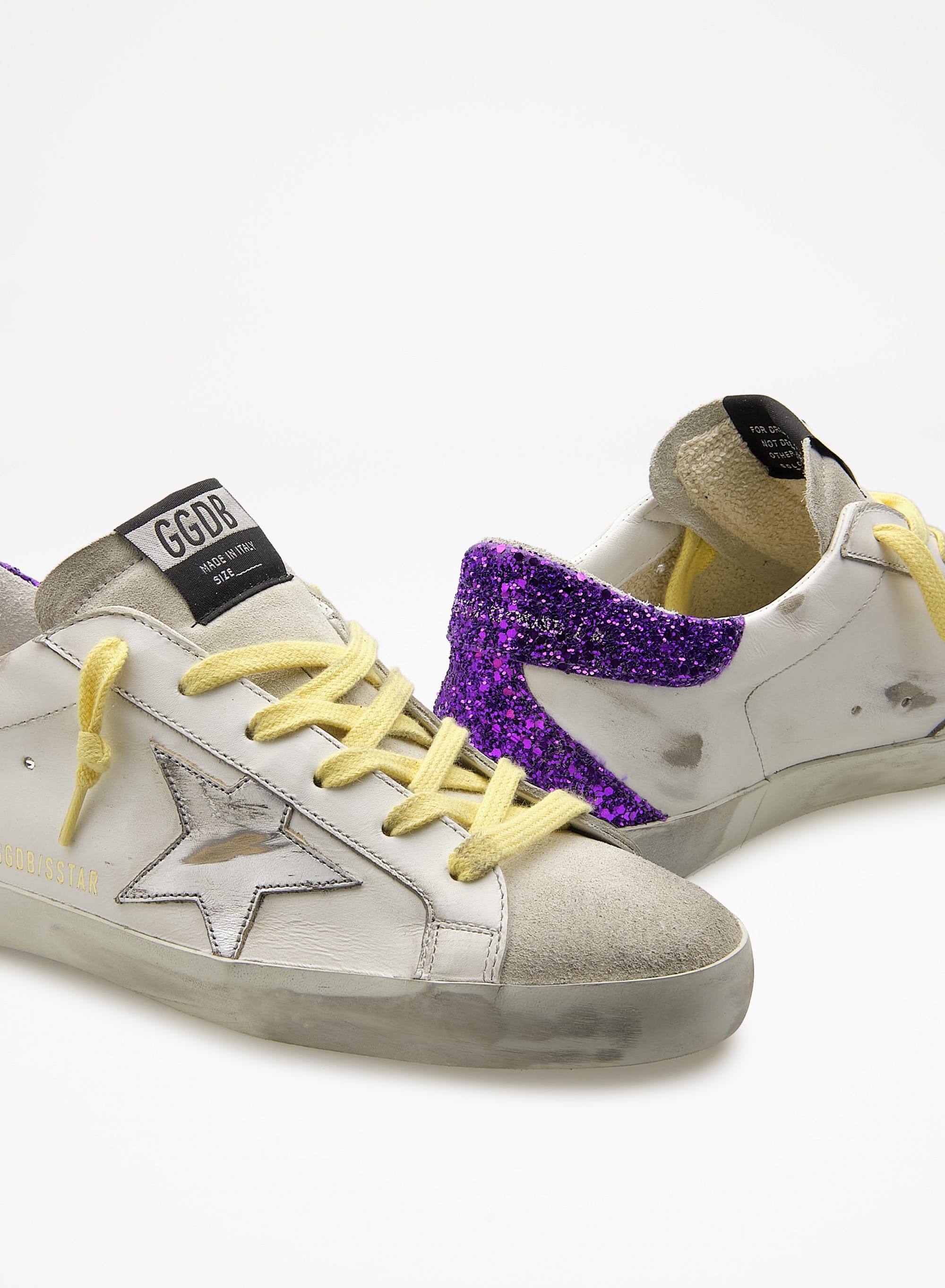 Women | Super-Star Sneakers White Leather with Silver Leather Star & Purple Glitter Heel Tab | White x Ice x Silver x Purple