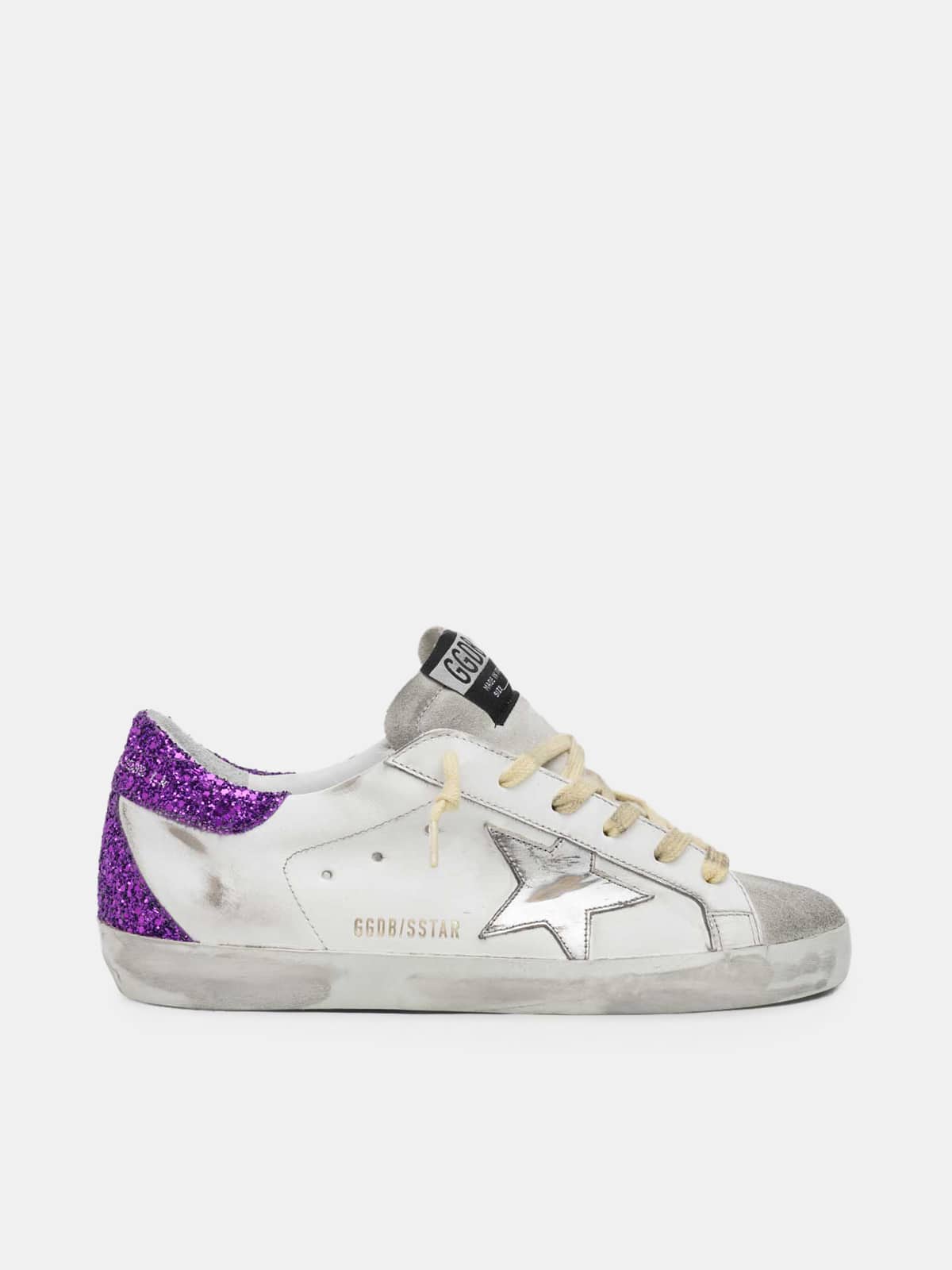 Women | Super-Star Sneakers White Leather with Silver Leather Star & Purple Glitter Heel Tab | White x Ice x Silver x Purple - Image 2
