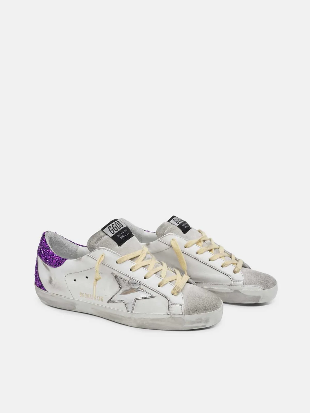 Women | Super-Star Sneakers White Leather with Silver Leather Star & Purple Glitter Heel Tab | White x Ice x Silver x Purple - Image 6