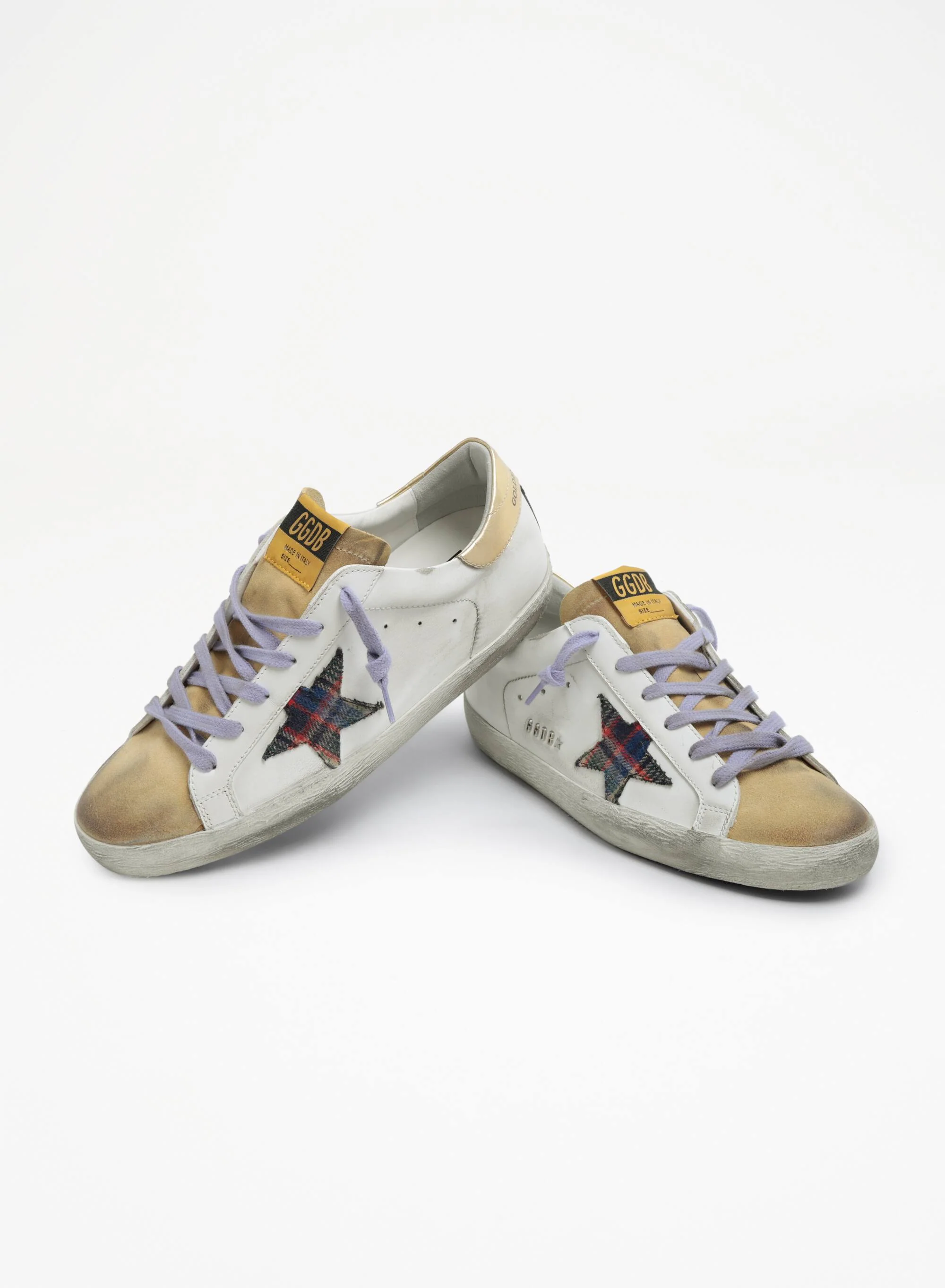 Women | Super-Star Sneakers White Leather with Tartan Star & Gold Laminated Heel Tab | White x Sand x Multicolor x Gold