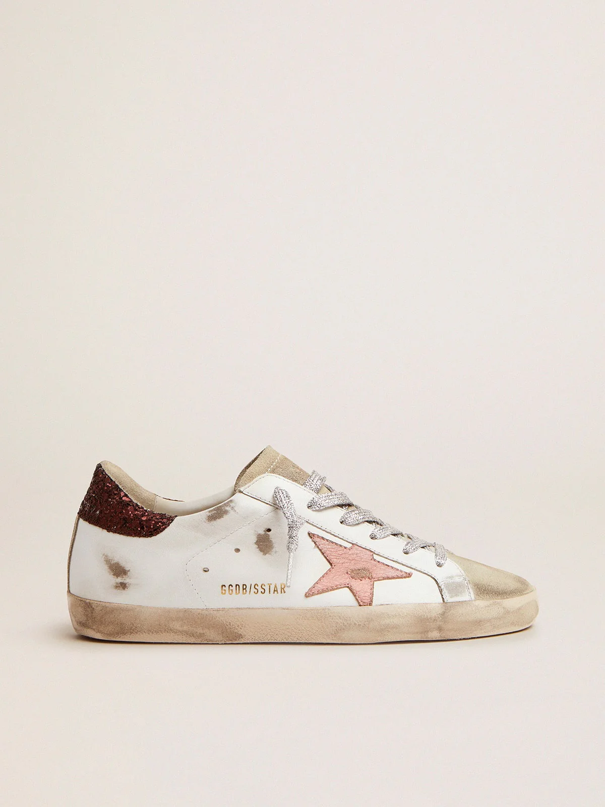 Women | Super-Star Sneakers with Brown Glitter Heel Tab & Pink Crackled Leather Star | White x Ice x Pink x Brown - Image 7