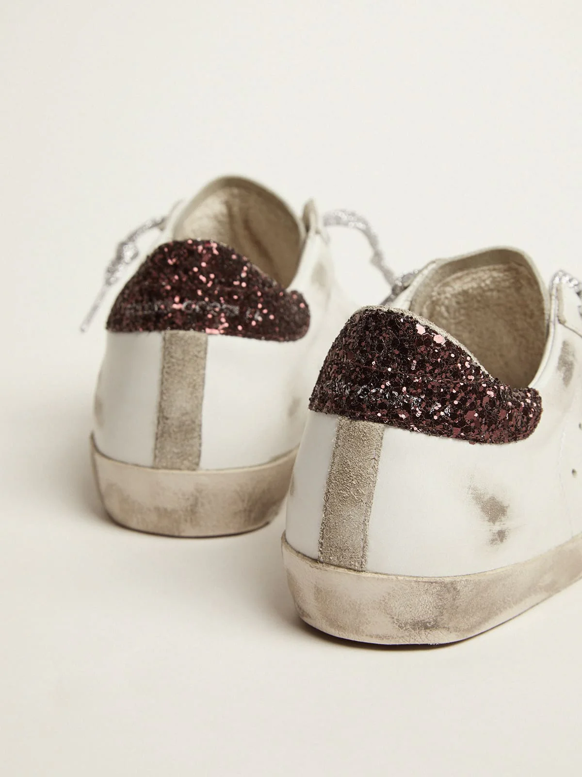 Women | Super-Star Sneakers with Brown Glitter Heel Tab & Pink Crackled Leather Star | White x Ice x Pink x Brown - Image 8