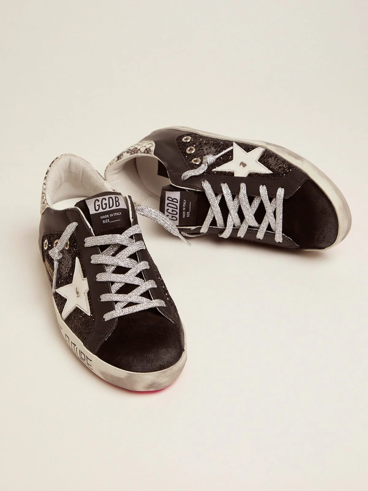 Women | Super-Star Sneakers with Glitter & Handwritten Lettering | Black x White x Rock Snake - Image 2