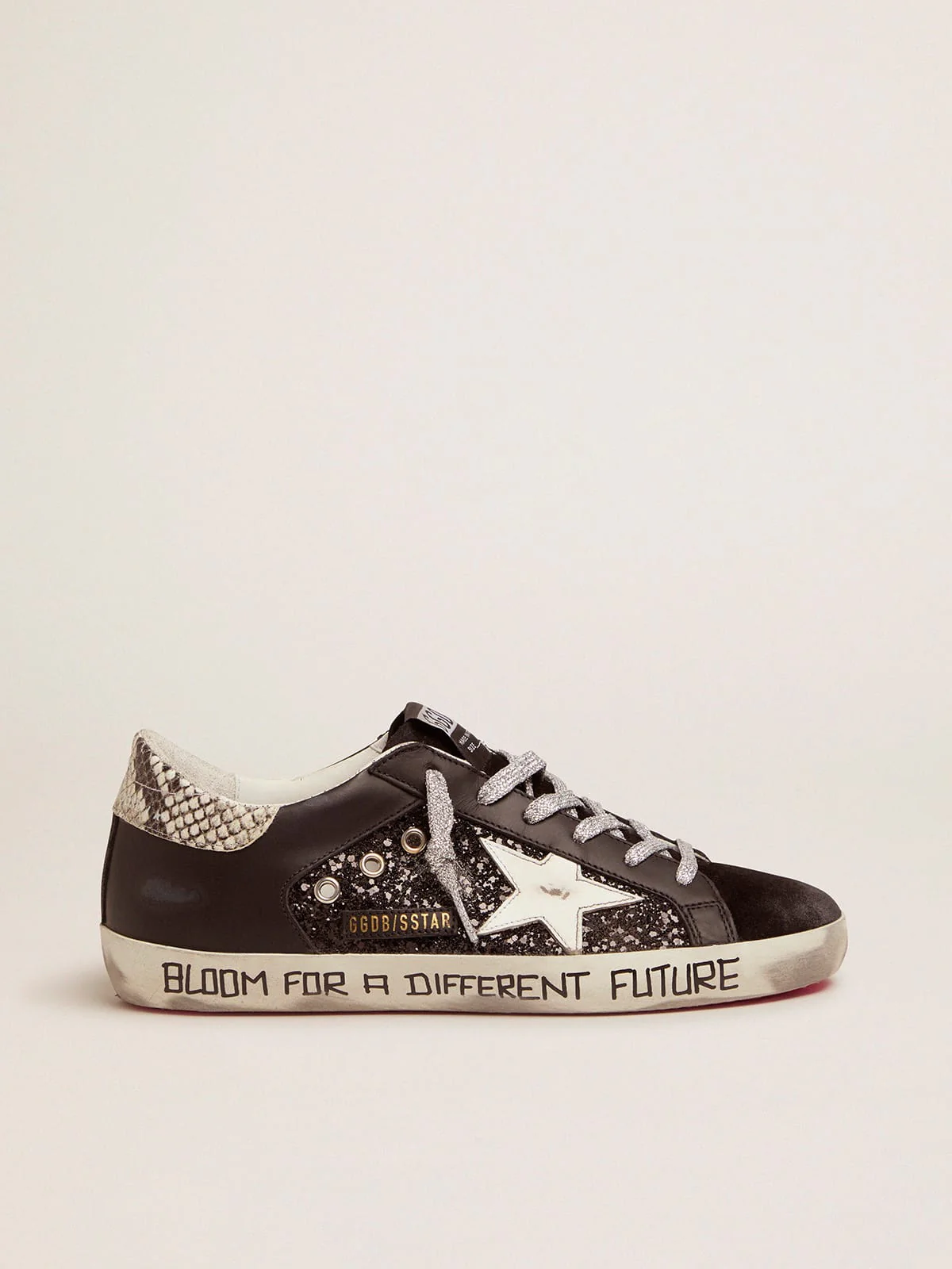 Women | Super-Star Sneakers with Glitter & Handwritten Lettering | Black x White x Rock Snake - Image 3