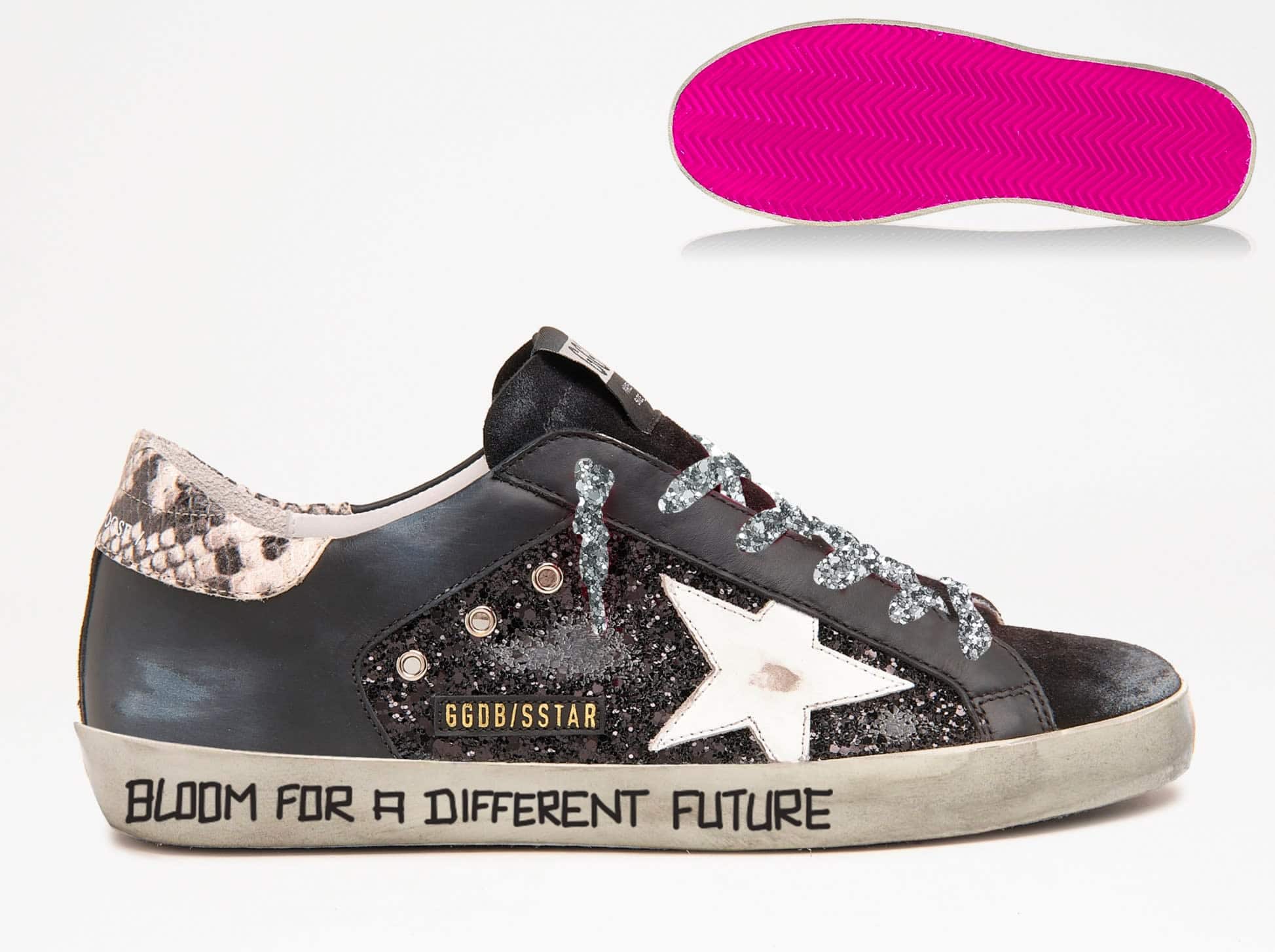 Women | Super-Star Sneakers with Glitter & Handwritten Lettering | Black x White x Rock Snake - Image 4