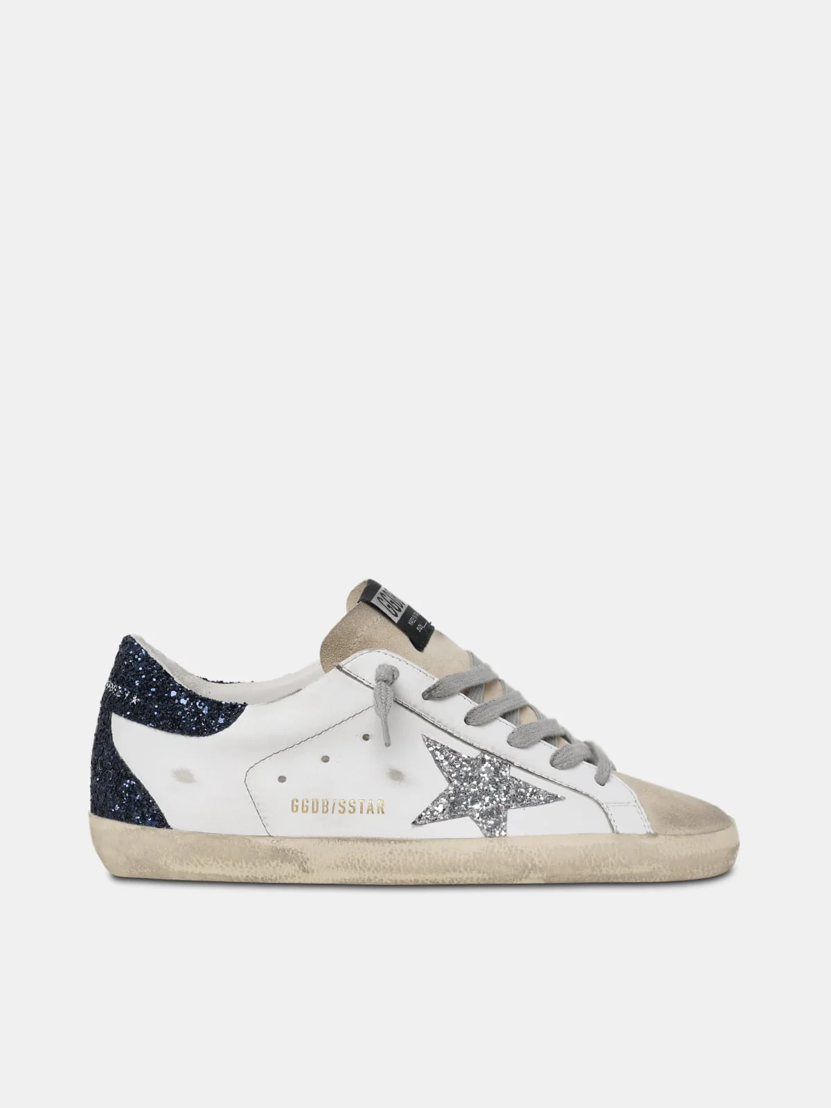 Women | Super-Star Sneakers with Glittery Heel Tab & Star | White x Beige x Silver x Night Blue