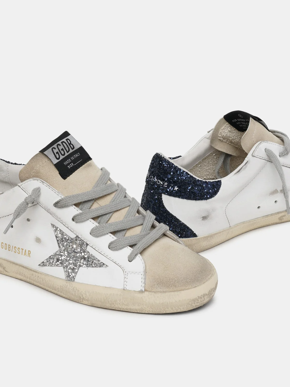 Women | Super-Star Sneakers with Glittery Heel Tab & Star | White x Beige x Silver x Night Blue - Image 2