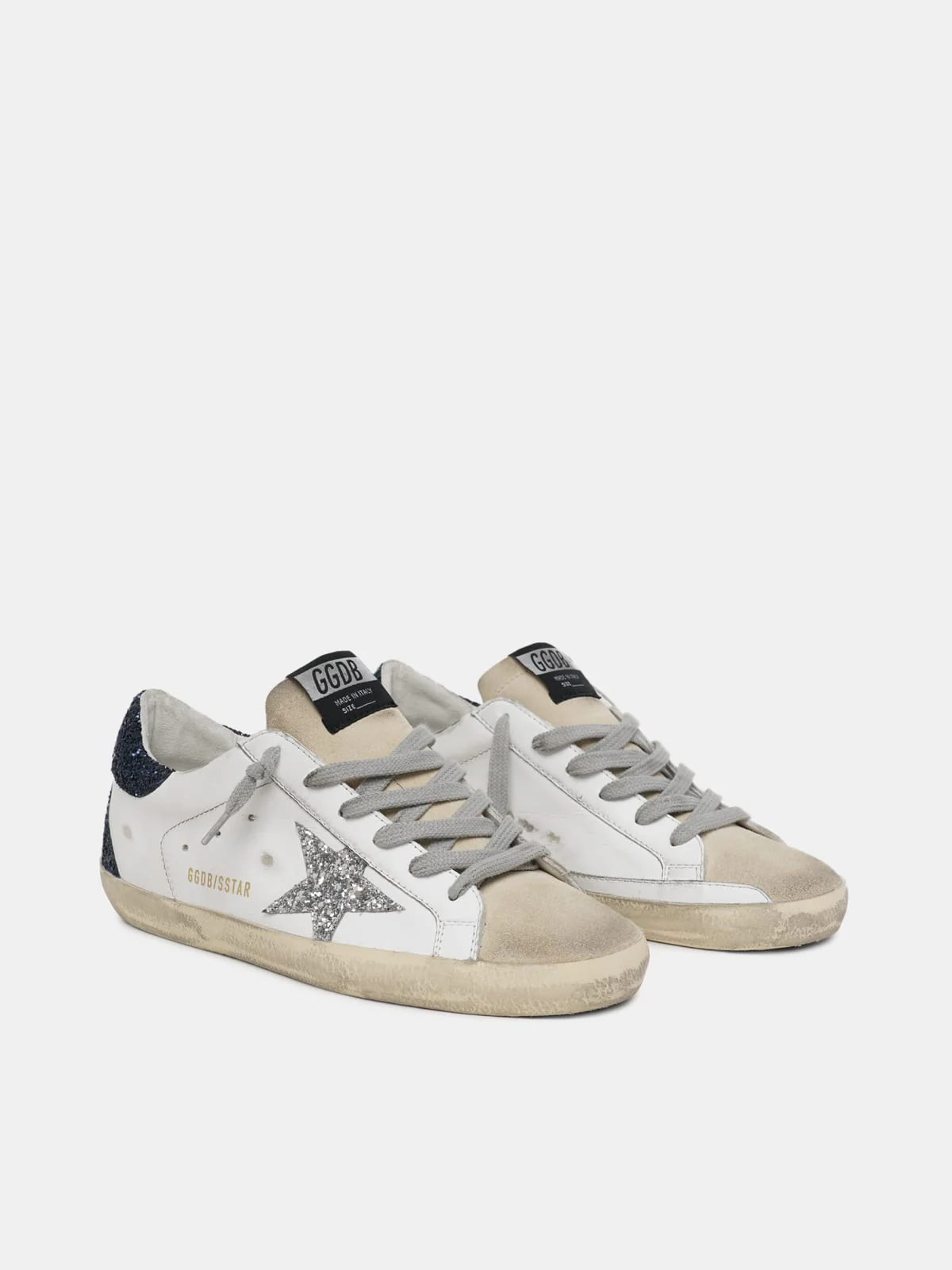 Women | Super-Star Sneakers with Glittery Heel Tab & Star | White x Beige x Silver x Night Blue - Image 3