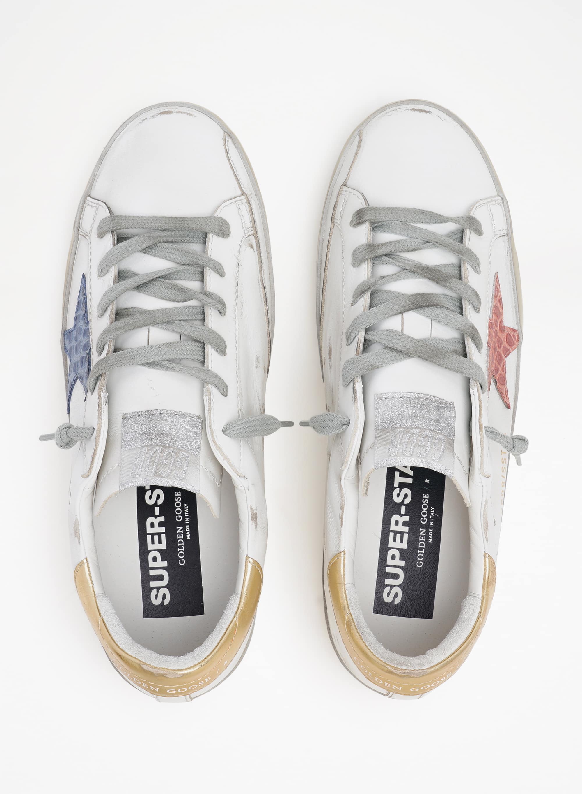 Women | Super-Star Sneakers with Handwritten Lettering & Crocodile-Print Leather Stars | White x Pale Pink x Blue x Gold