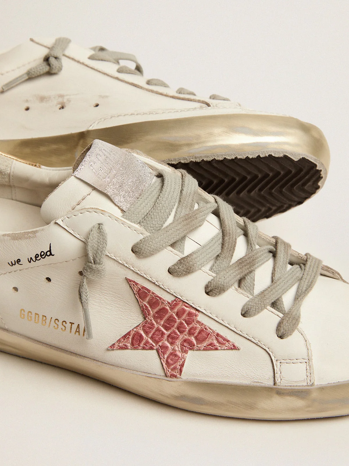 Women | Super-Star Sneakers with Handwritten Lettering & Crocodile-Print Leather Stars | White x Pale Pink x Blue x Gold - Image 4