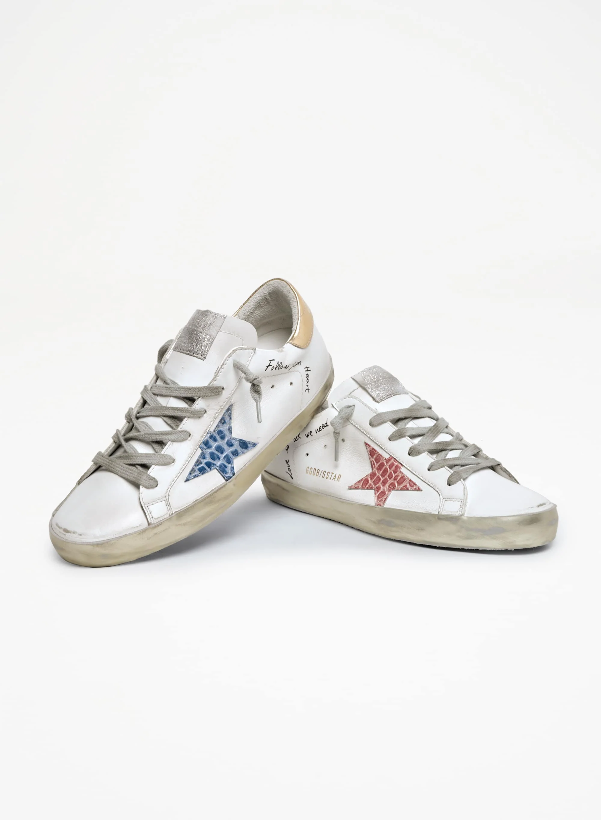 Women | Super-Star Sneakers with Handwritten Lettering & Crocodile-Print Leather Stars | White x Pale Pink x Blue x Gold - Image 5