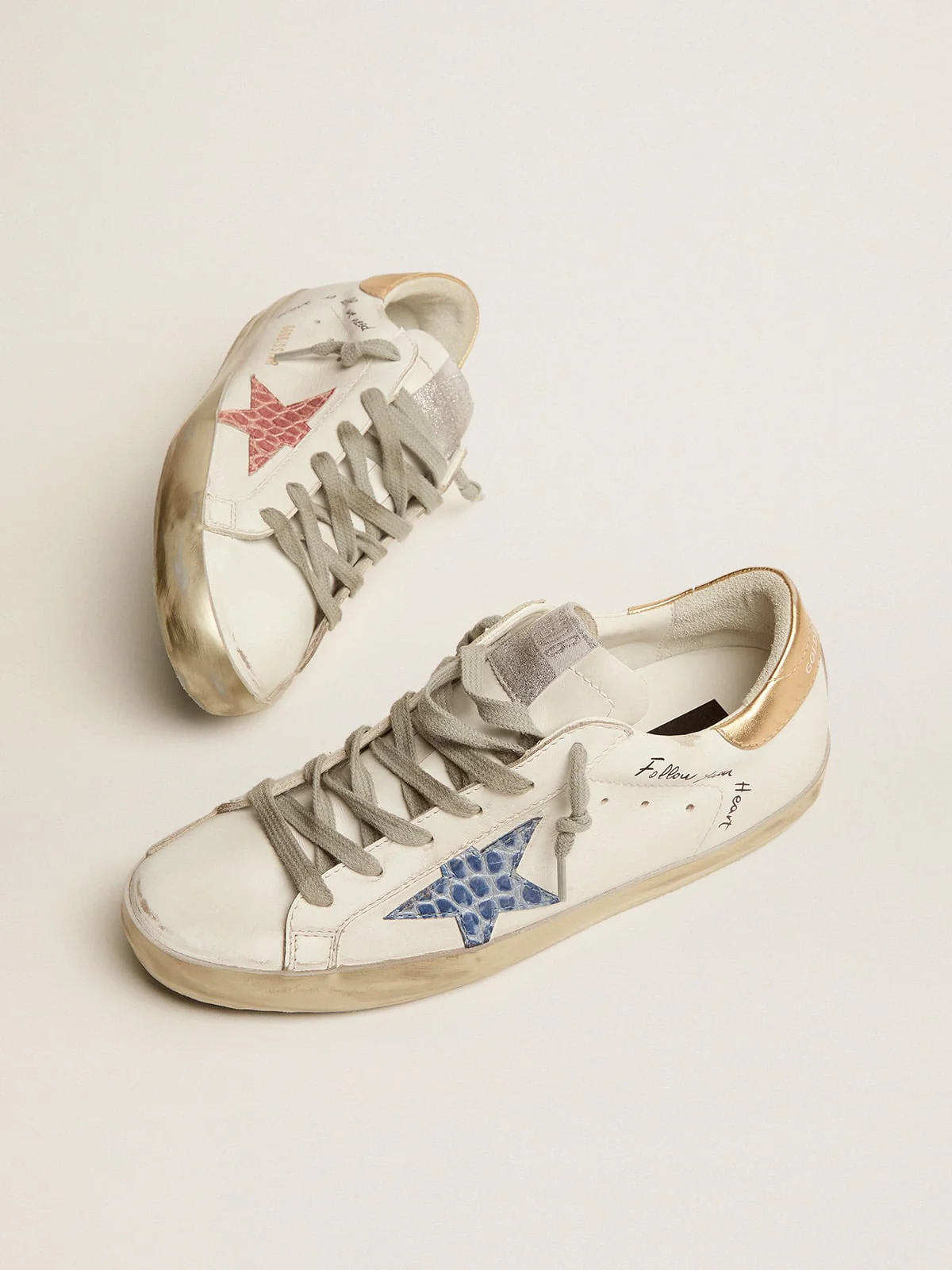 Women | Super-Star Sneakers with Handwritten Lettering & Crocodile-Print Leather Stars | White x Pale Pink x Blue x Gold - Image 8