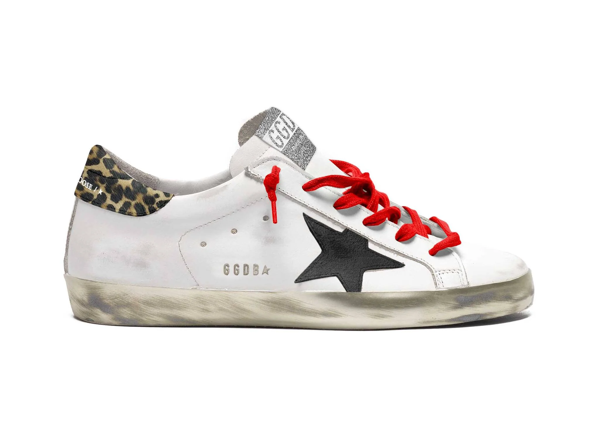 Women | Super-Star Sneakers with Leopard-Print Heel Tab & Red Laces | White x Black x Beige Brown Leo