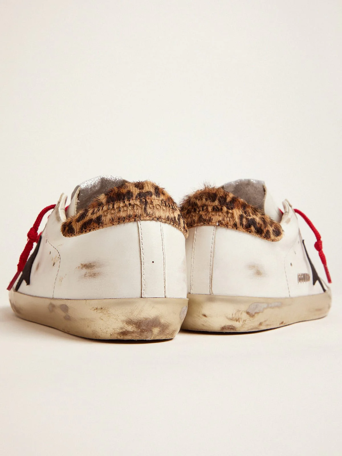 Women | Super-Star Sneakers with Leopard-Print Heel Tab & Red Laces | White x Black x Beige Brown Leo - Image 4