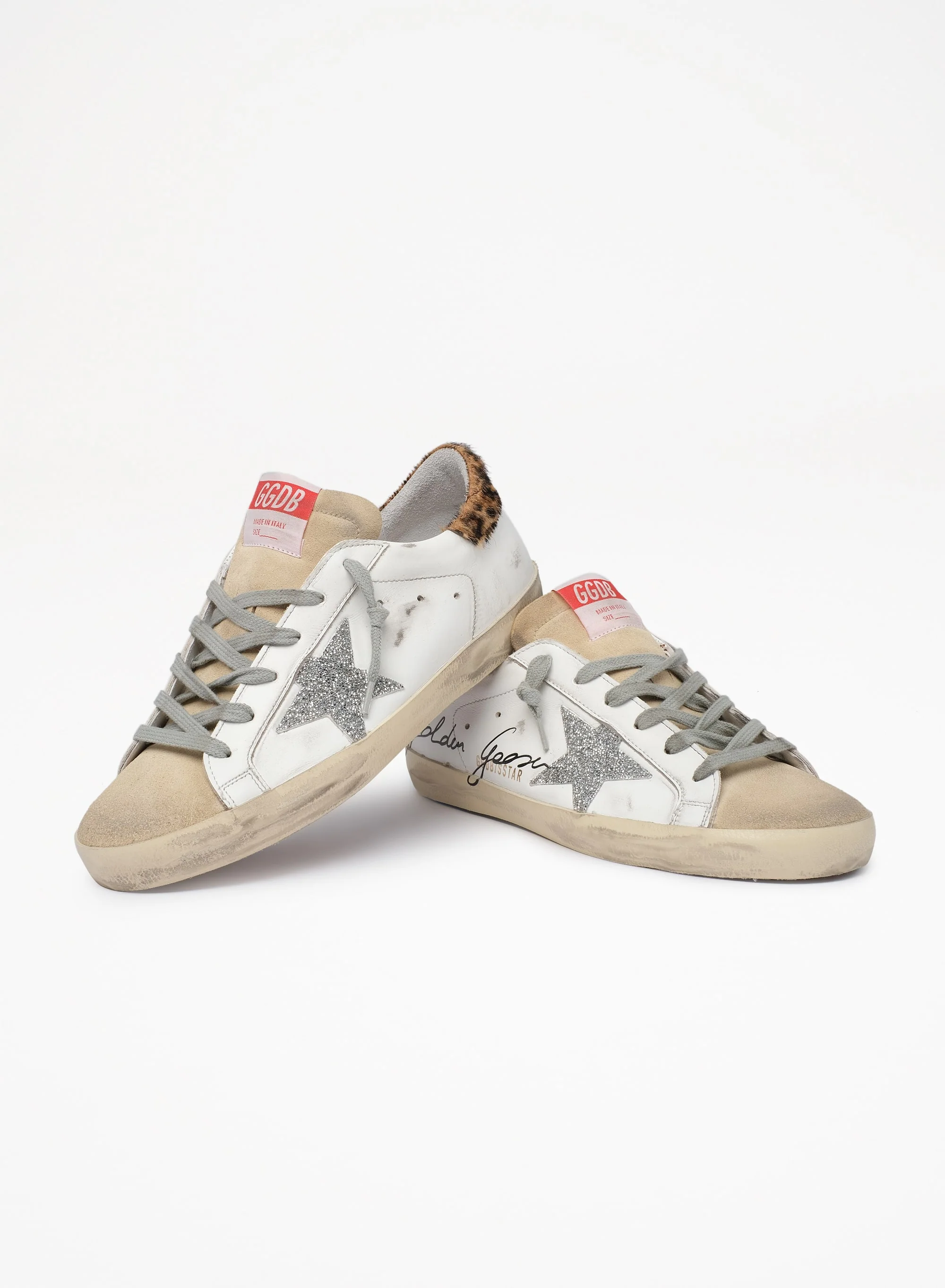 Women | Super-Star Sneakers with Leopard-Print Pony Skin Heel Tab & Swarovski Star | White x Beige x Silver x Beige Brown Leo - Image 5