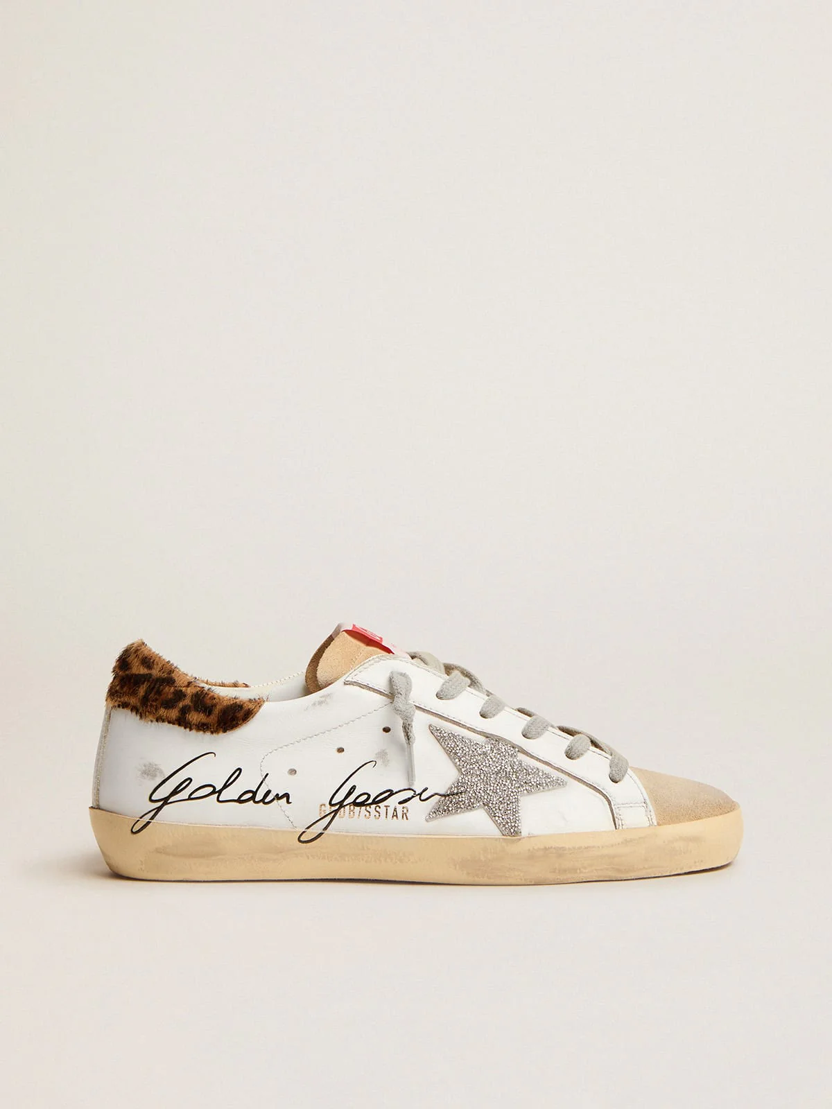 Women | Super-Star Sneakers with Leopard-Print Pony Skin Heel Tab & Swarovski Star | White x Beige x Silver x Beige Brown Leo - Image 8