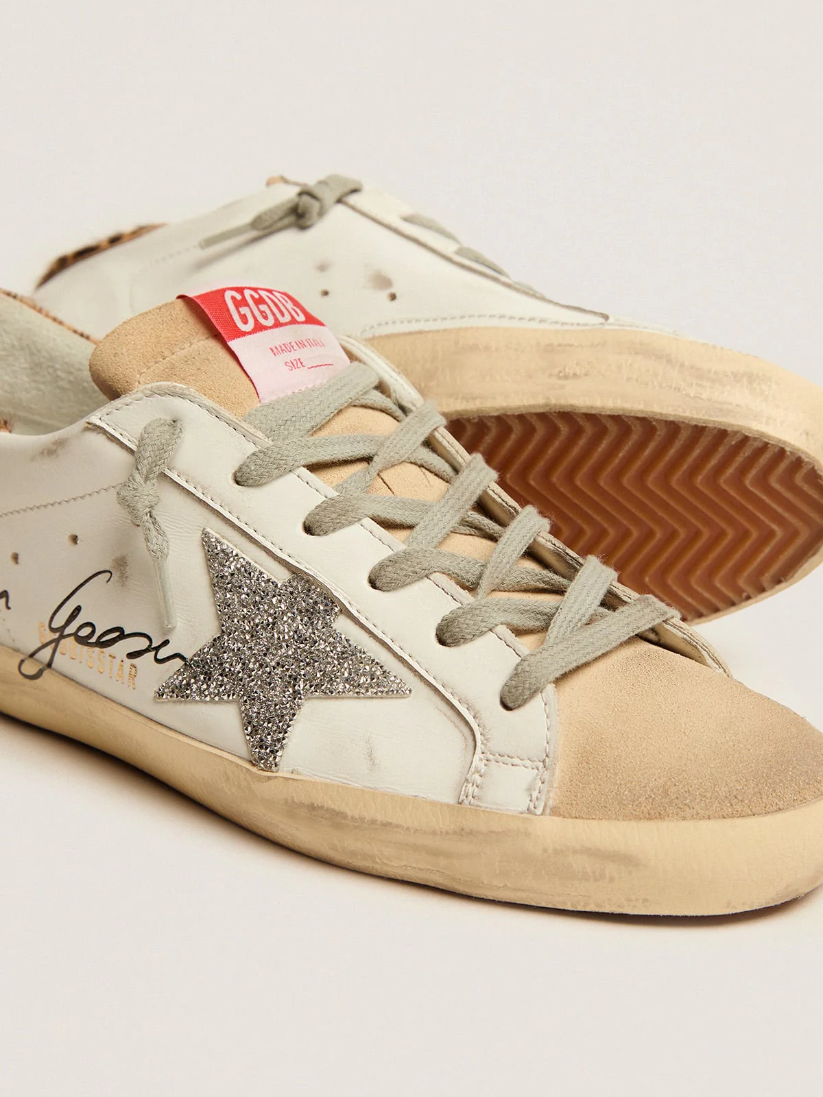 Women | Super-Star Sneakers with Leopard-Print Pony Skin Heel Tab & Swarovski Star | White x Beige x Silver x Beige Brown Leo - Image 9