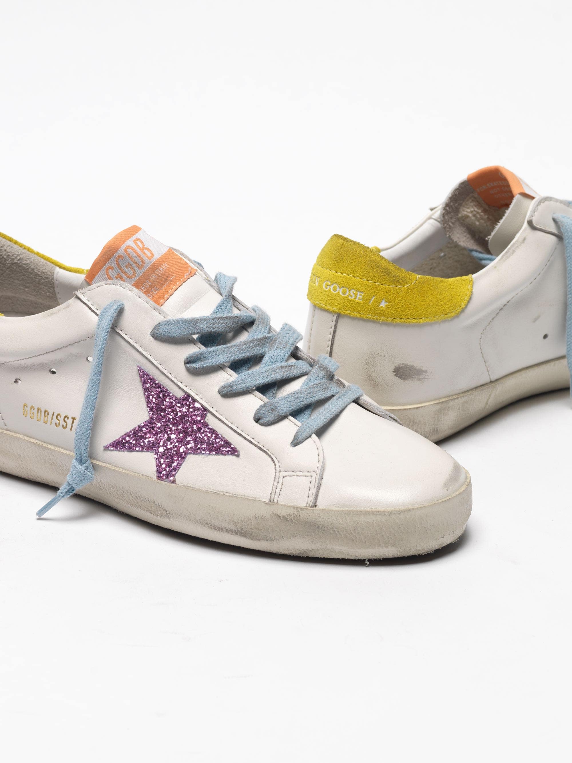 Women | Super-Star Sneakers with Pink Glittery Star & Yellow Heel Tab - Image 4