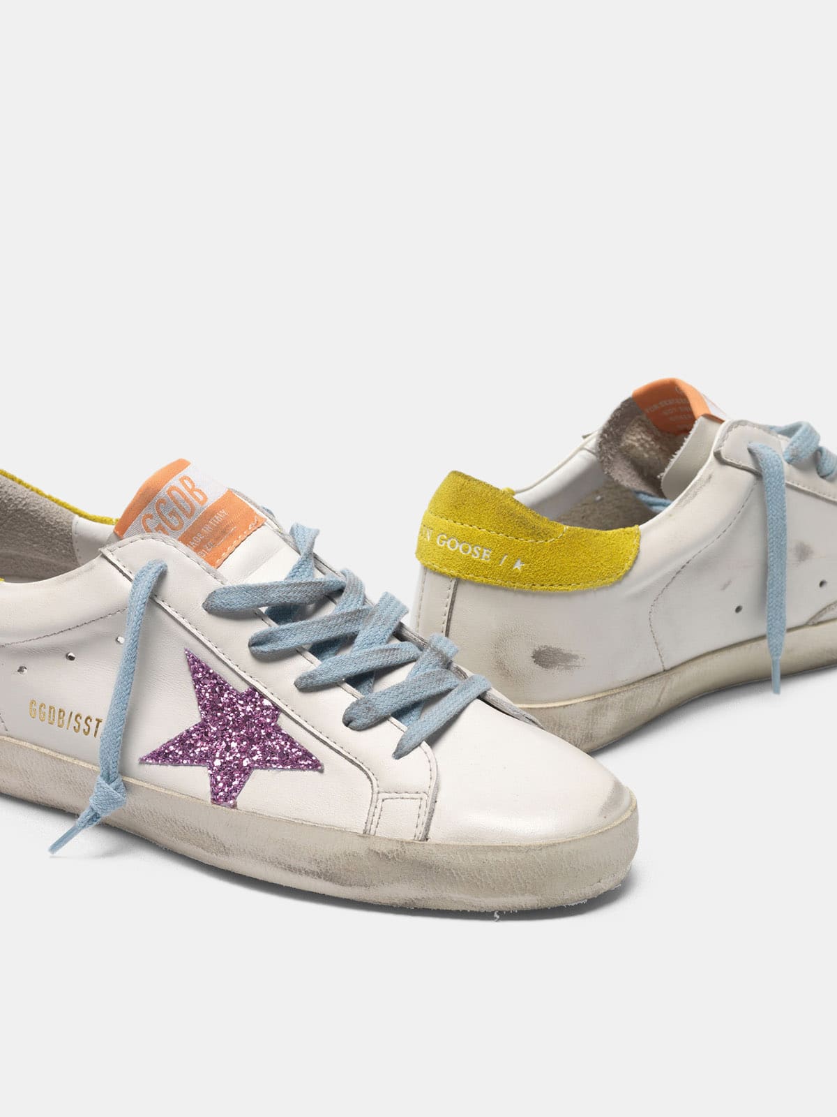 Women | Super-Star Sneakers with Pink Glittery Star & Yellow Heel Tab - Image 7
