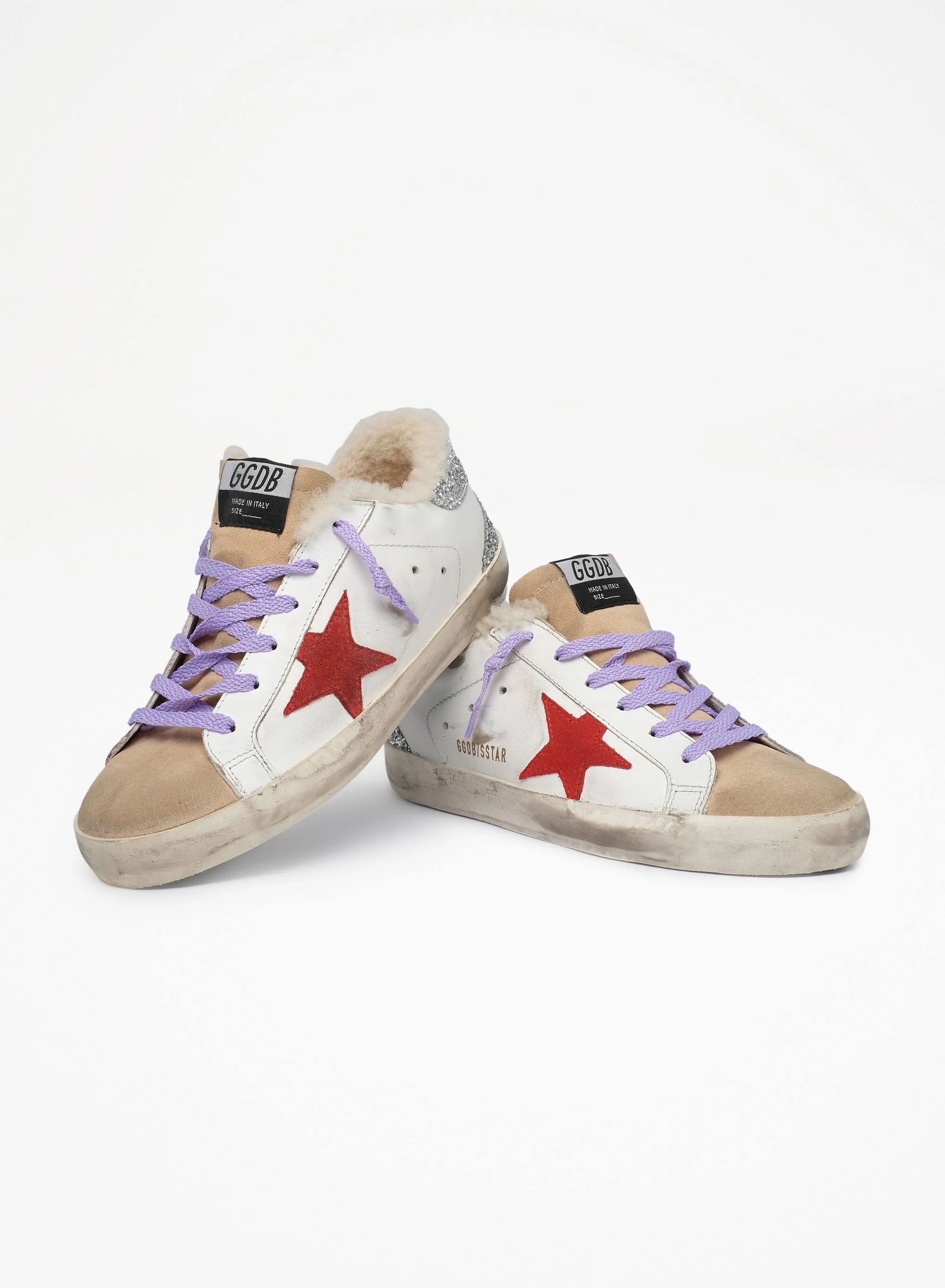 Women | Super-Star Sneakers with Shearling Lining & Red Suede Star | White x Red x Silver x Cappuccino