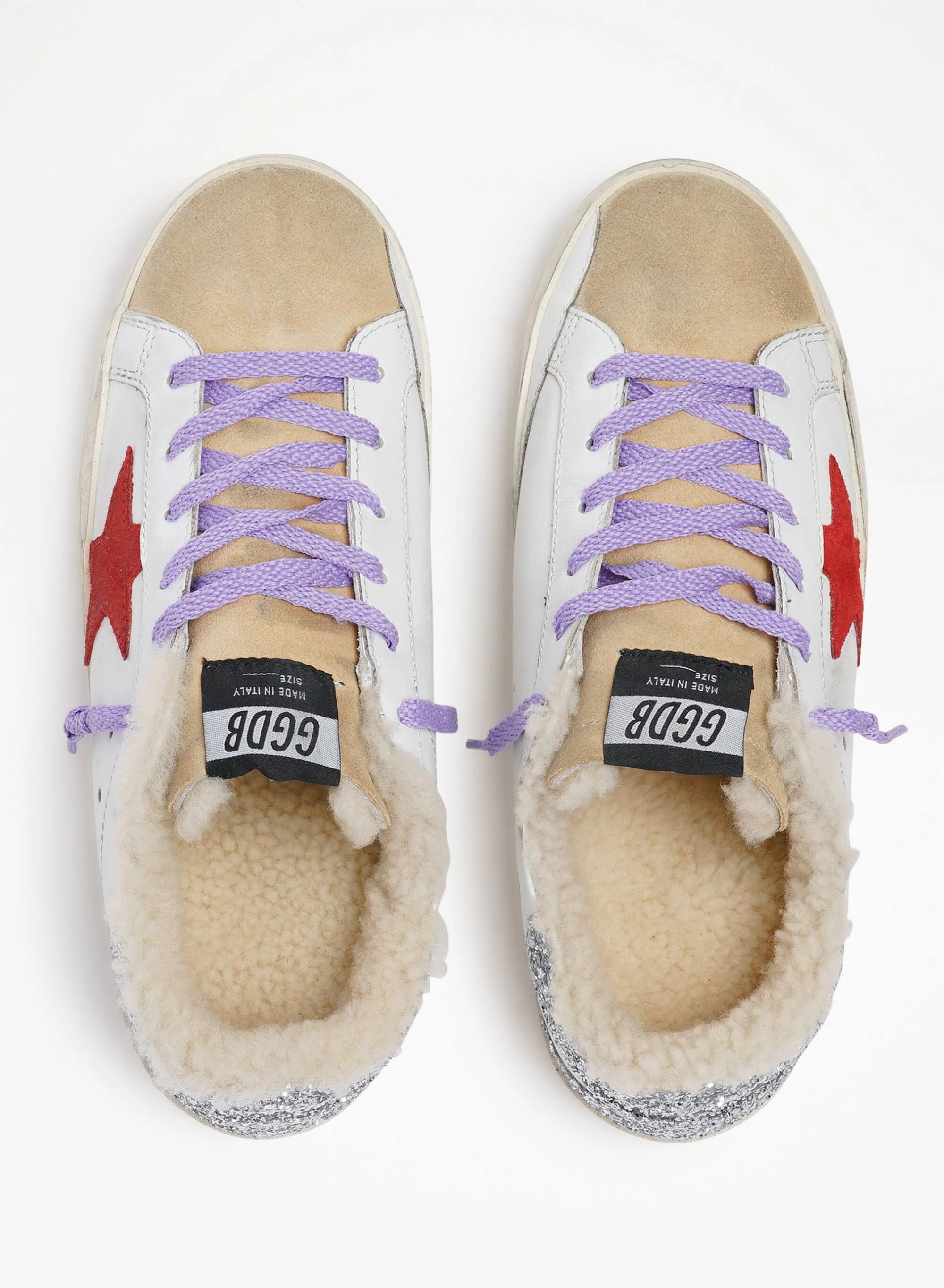 Women | Super-Star Sneakers with Shearling Lining & Red Suede Star | White x Red x Silver x Cappuccino - Image 2