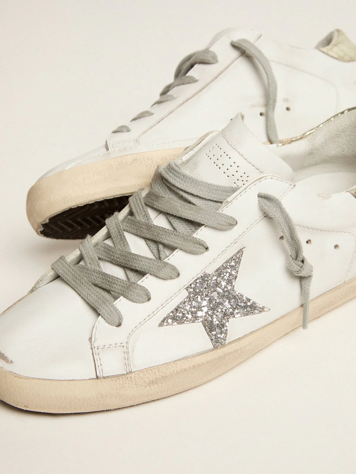 Women | Super-Star Sneakers with Silver Glitter Star & Glossy Gold Leather Heel Tab | White x Silver x Platinum - Image 7