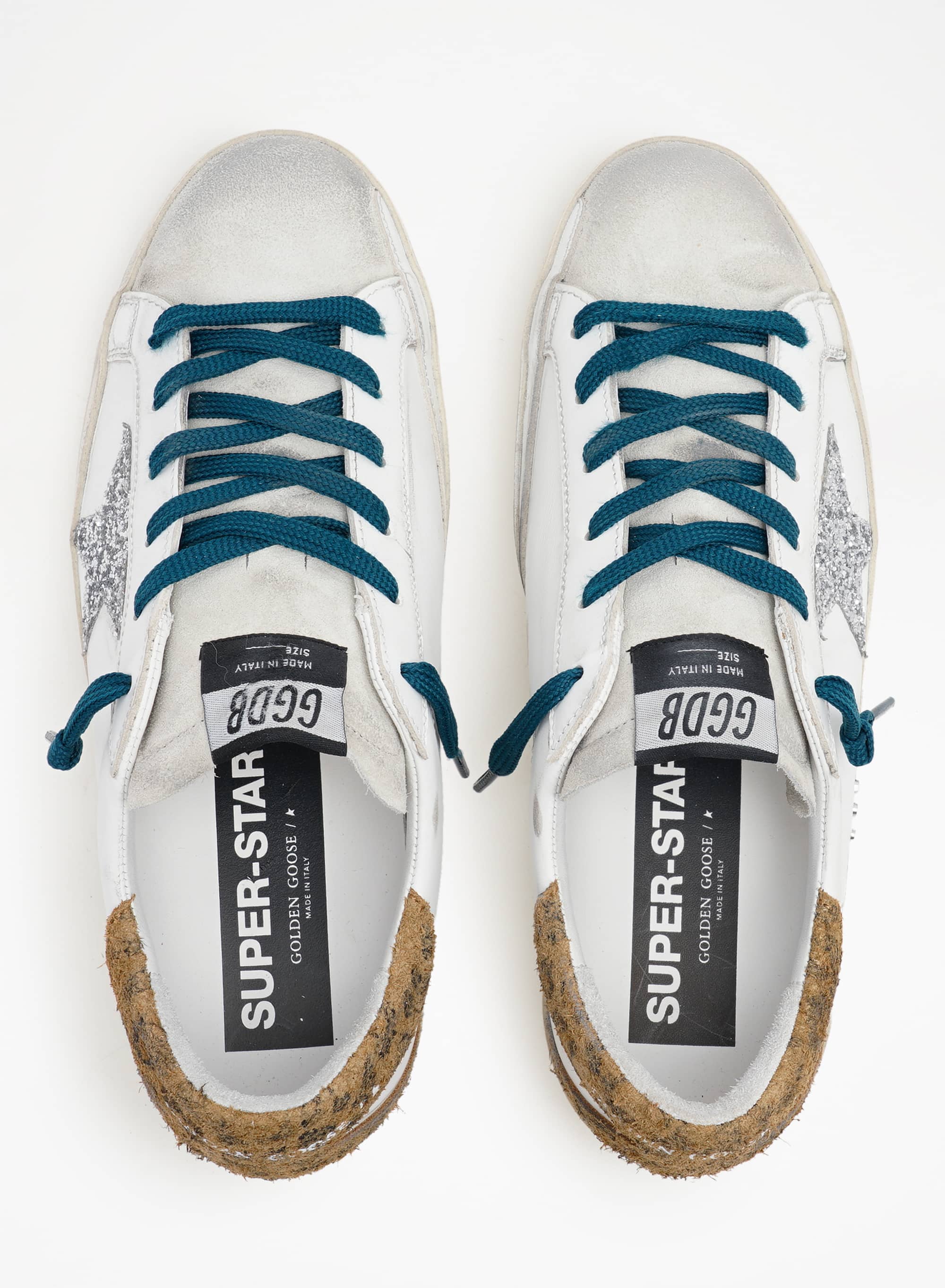 Women | Super-Star Sneakers with Silver Glitter Star & Leopard-Print Suede Heel Tab | White x Silver x Ice x Beige Brown Black - Image 9