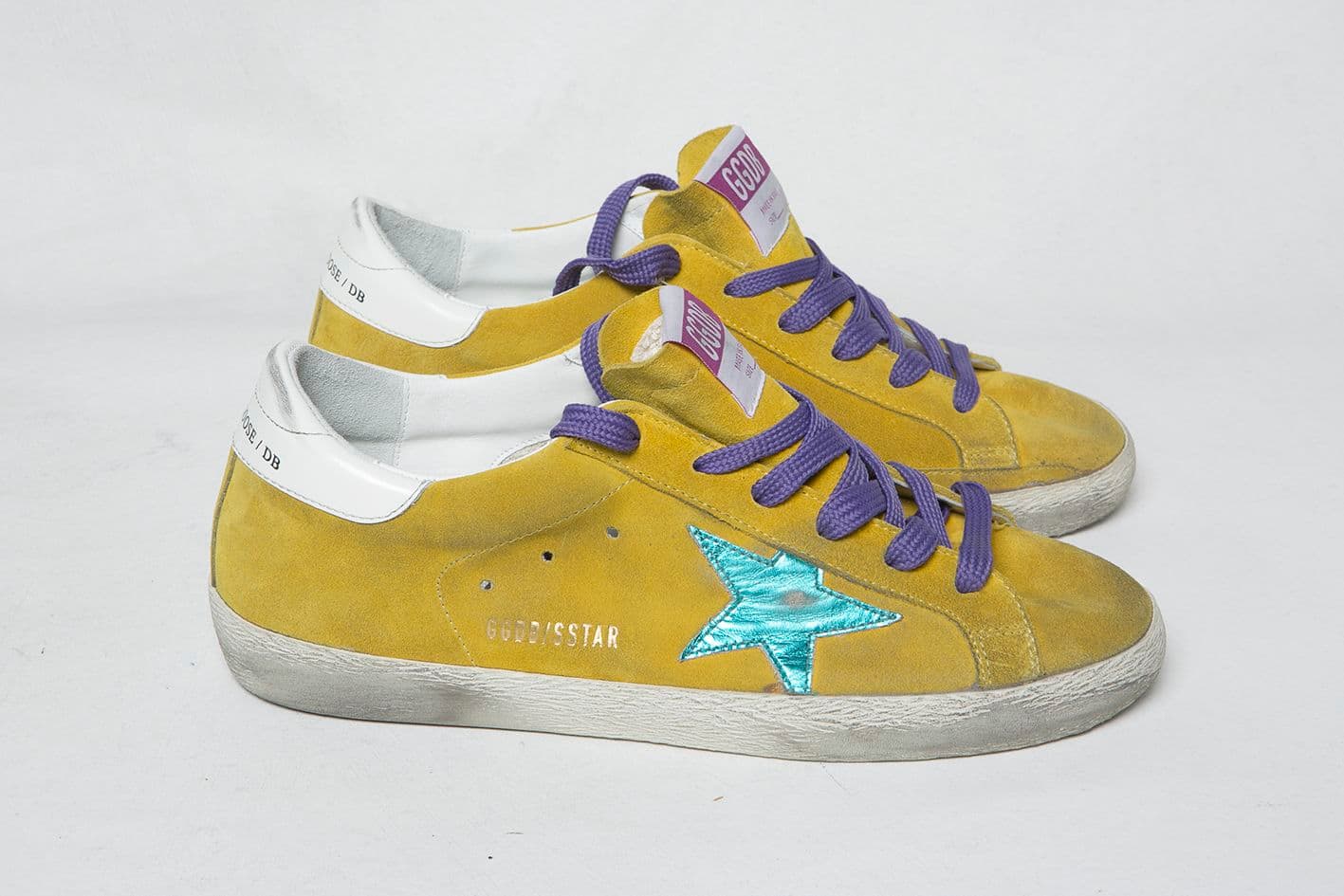 Women | Super-Star Sneakers Yellow Suede with Turquoise Star & White Heel Tab - Image 2