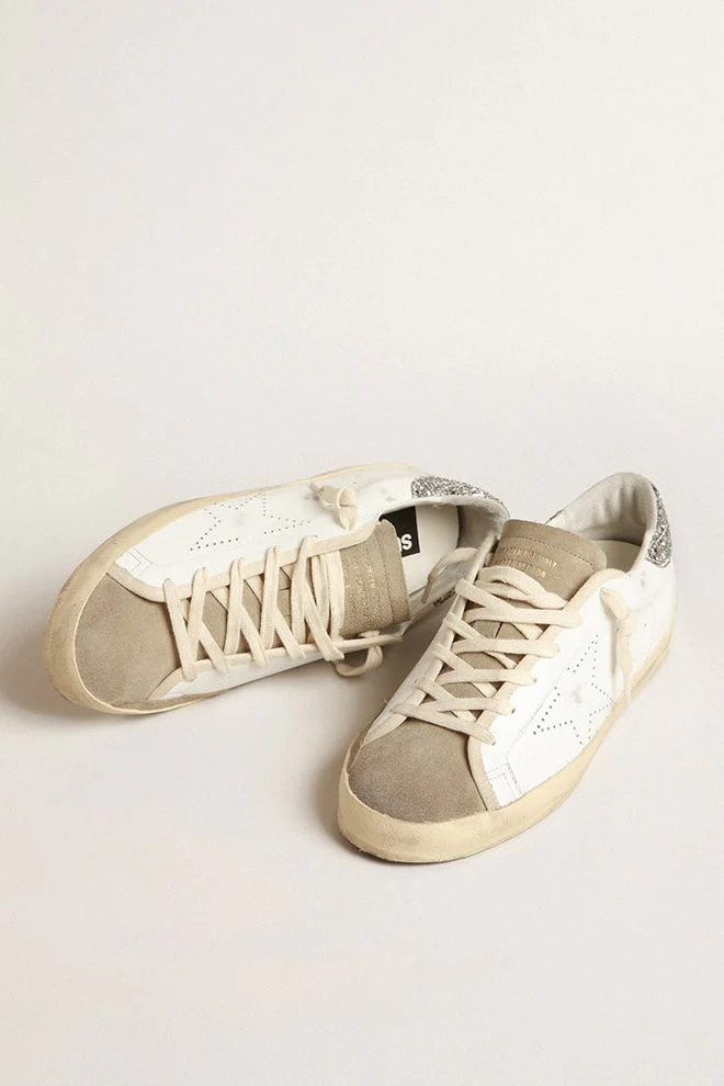 Women | Super-Star White Leather & Taupe Suede with Silver Glitter Heel | White x Taupe x Silver - Image 6
