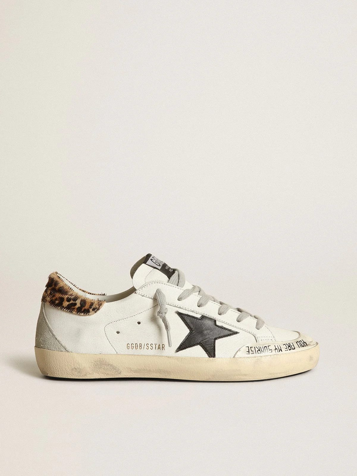 Women | Super-Star with Black Leather Star & Leo-Print Pony Skin Heel Tab | White x Black x Beige Brown Leo x Ice