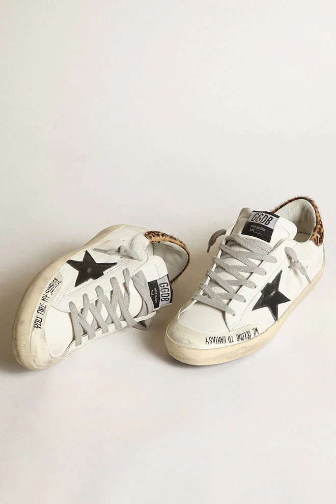 Women | Super-Star with Black Leather Star & Leo-Print Pony Skin Heel Tab | White x Black x Beige Brown Leo x Ice - Image 6