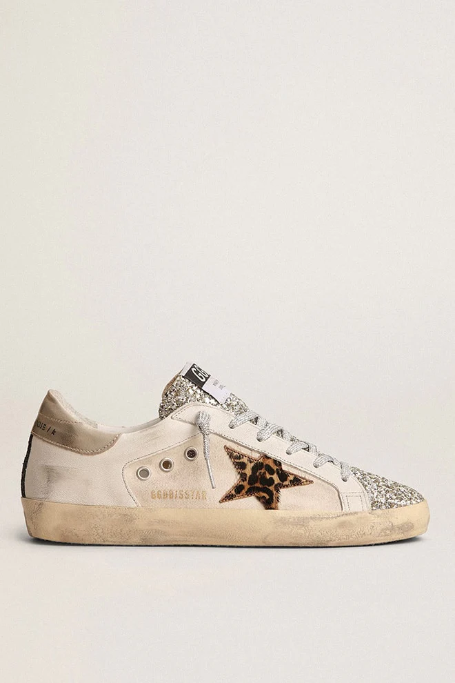 Women | Super-Star with Glitter Tongue & Leopard Pony Skin Star | White x Beige Brown Leo x Platinum - Image 2
