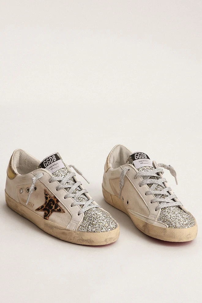 Women | Super-Star with Glitter Tongue & Leopard Pony Skin Star | White x Beige Brown Leo x Platinum - Image 9
