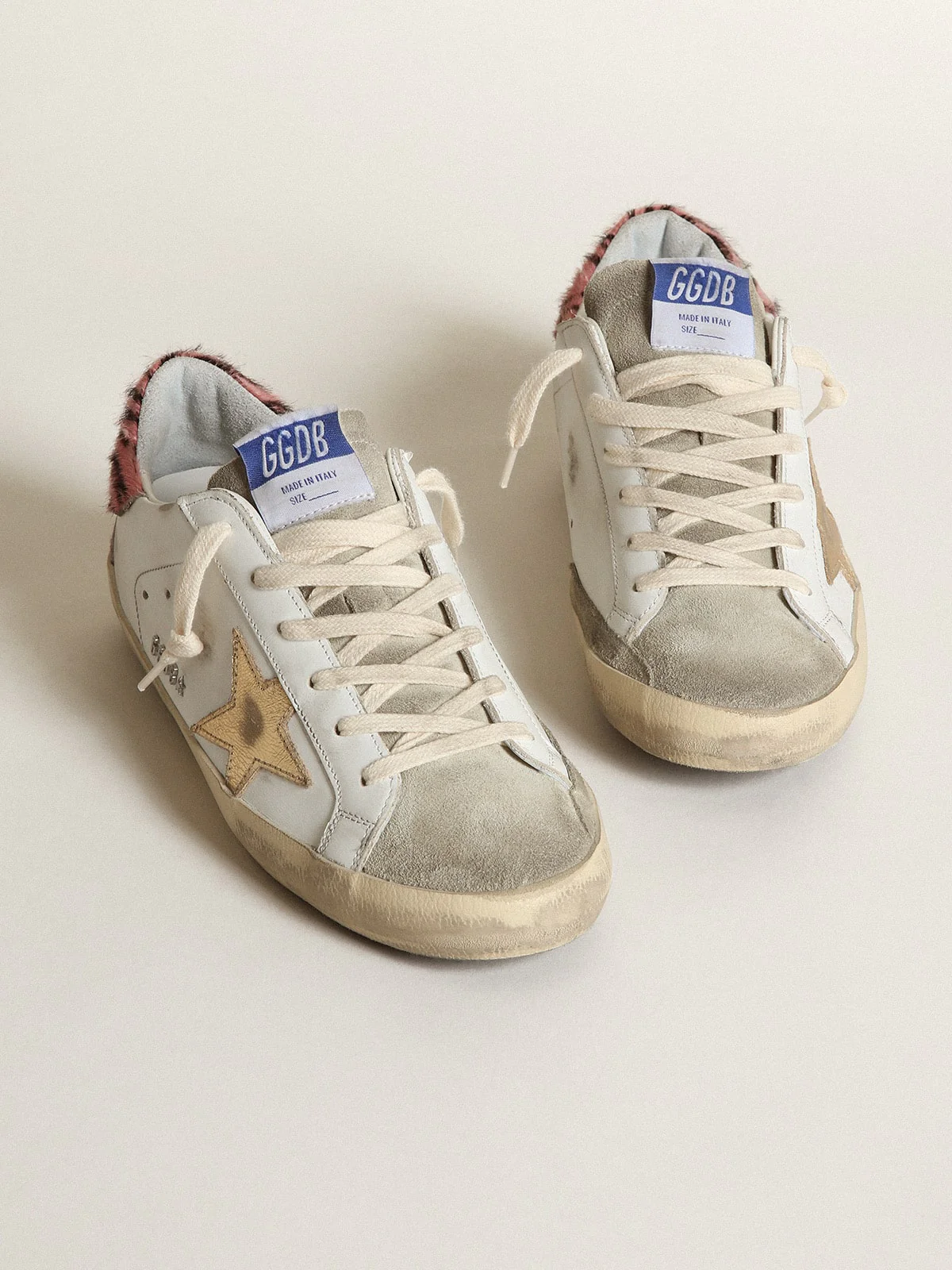 Women | Super-Star with Gold Leather Star & Zebra Pony Skin Heel Tab | White x Taupe x Pink Black - Image 7