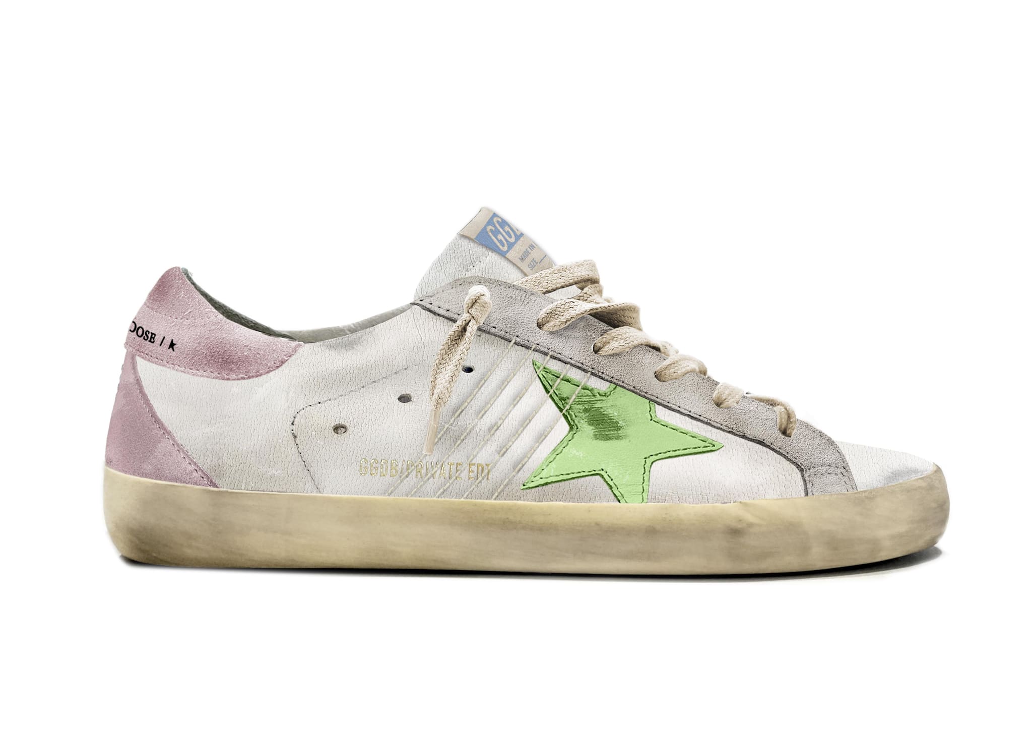 Women | Super-Star with Green Laminated Star & Pink Suede Heel Tab | White x Green x Old Pink