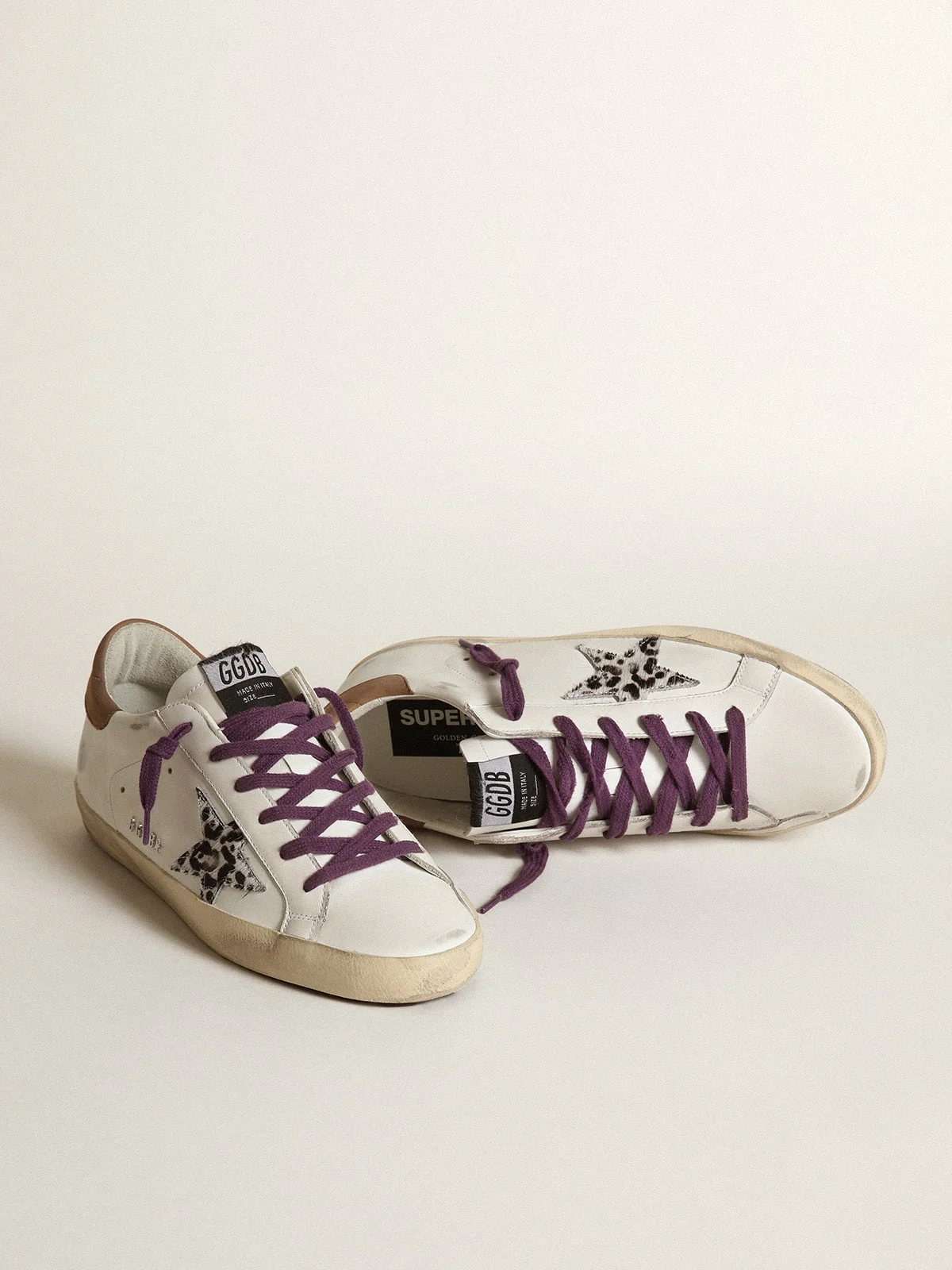 Women | Super-Star with Leopard Pony Skin Star & Brown Nubuck Heel Tab | White x Beige Brown Leo x Brown - Image 2