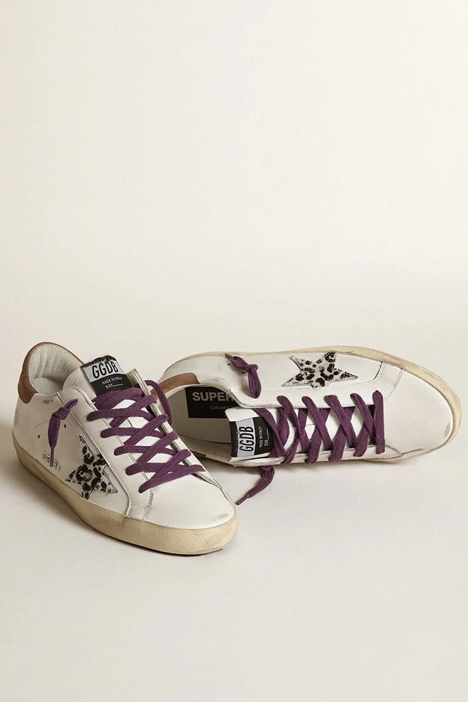 Women | Super-Star with Leopard Pony Skin Star & Brown Nubuck Heel Tab | White x Beige Brown Leo x Brown - Image 8