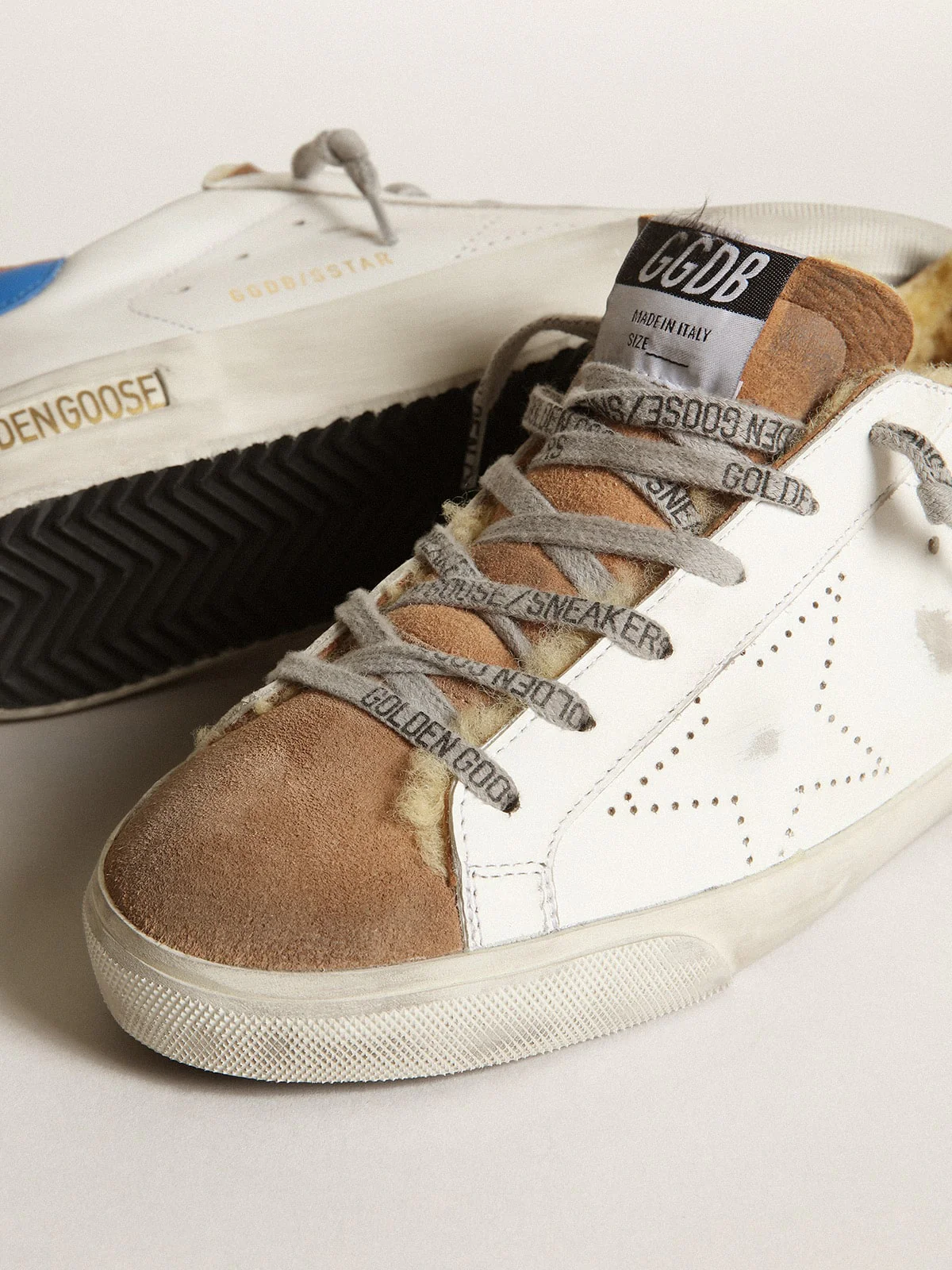 Women | Super-Star with Shearling Lining & Perforated Star | White x Tobacco x Blue - Image 3