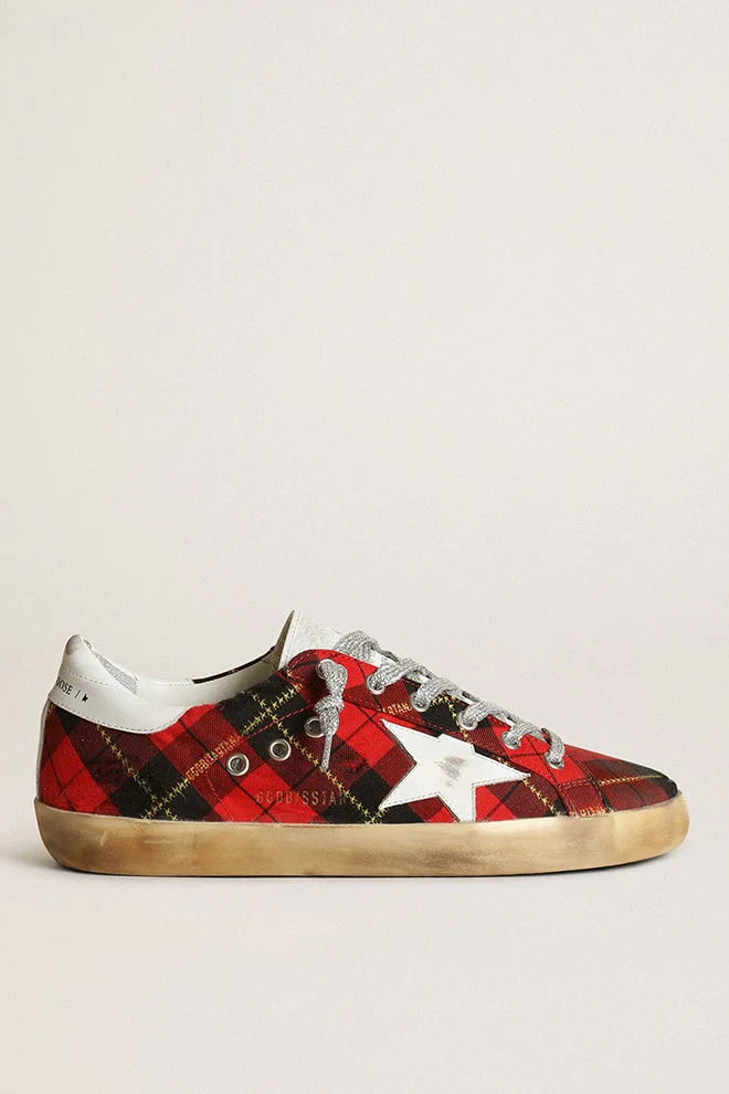 Women | Super-Star Wool with Red Tartan Print & White Leather Star | Red Black x White - Image 2