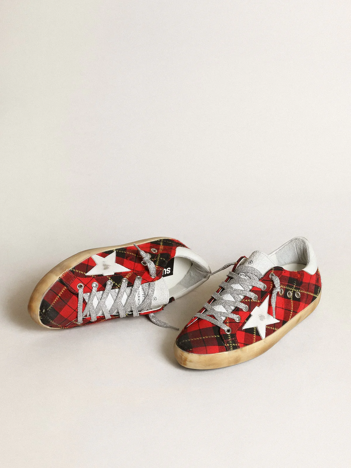 Women | Super-Star Wool with Red Tartan Print & White Leather Star | Red Black x White - Image 3