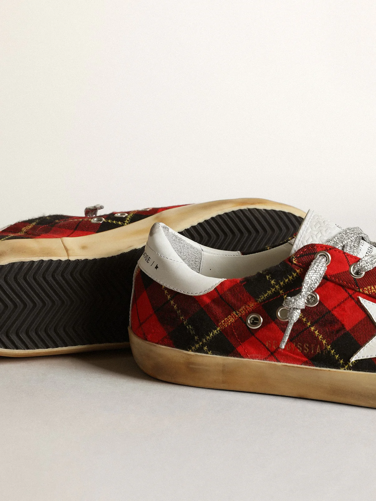Women | Super-Star Wool with Red Tartan Print & White Leather Star | Red Black x White - Image 5
